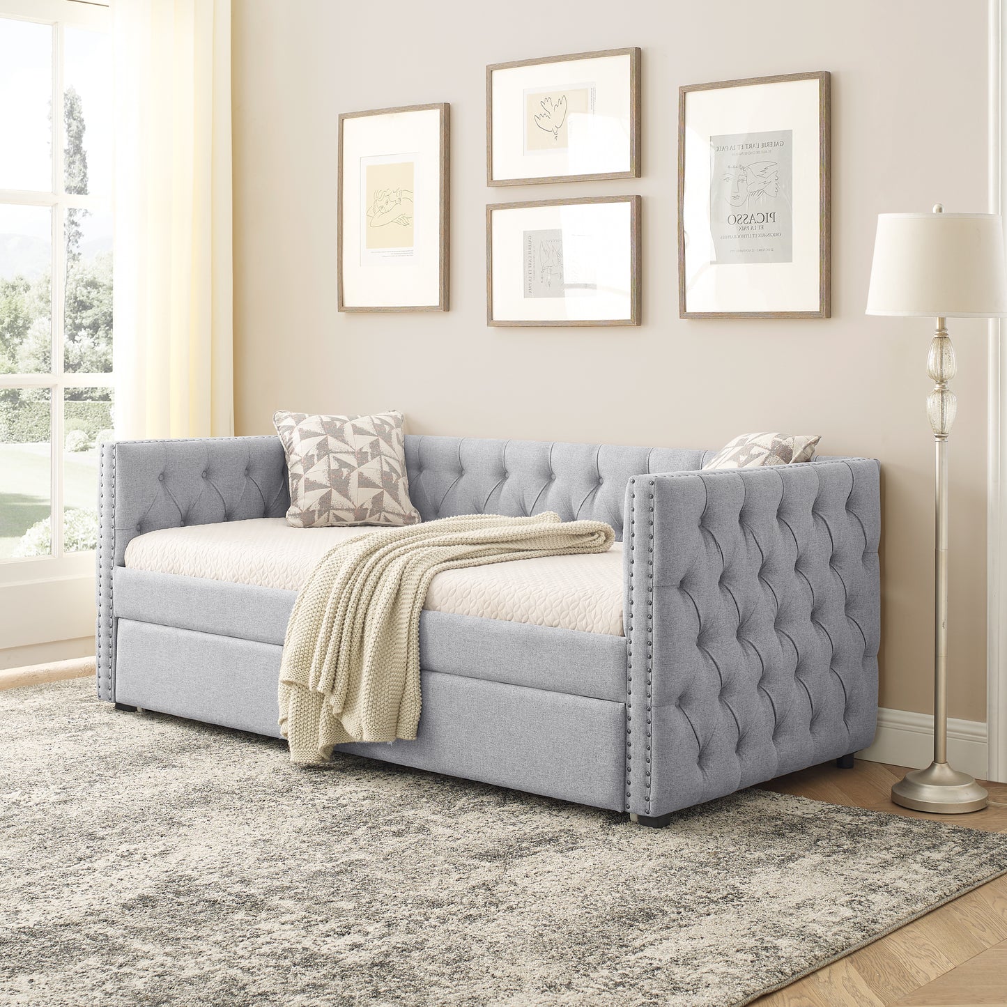 Twin Upholstered Daybed with Trundle Tufted Button Sofa Bed in Grey_2