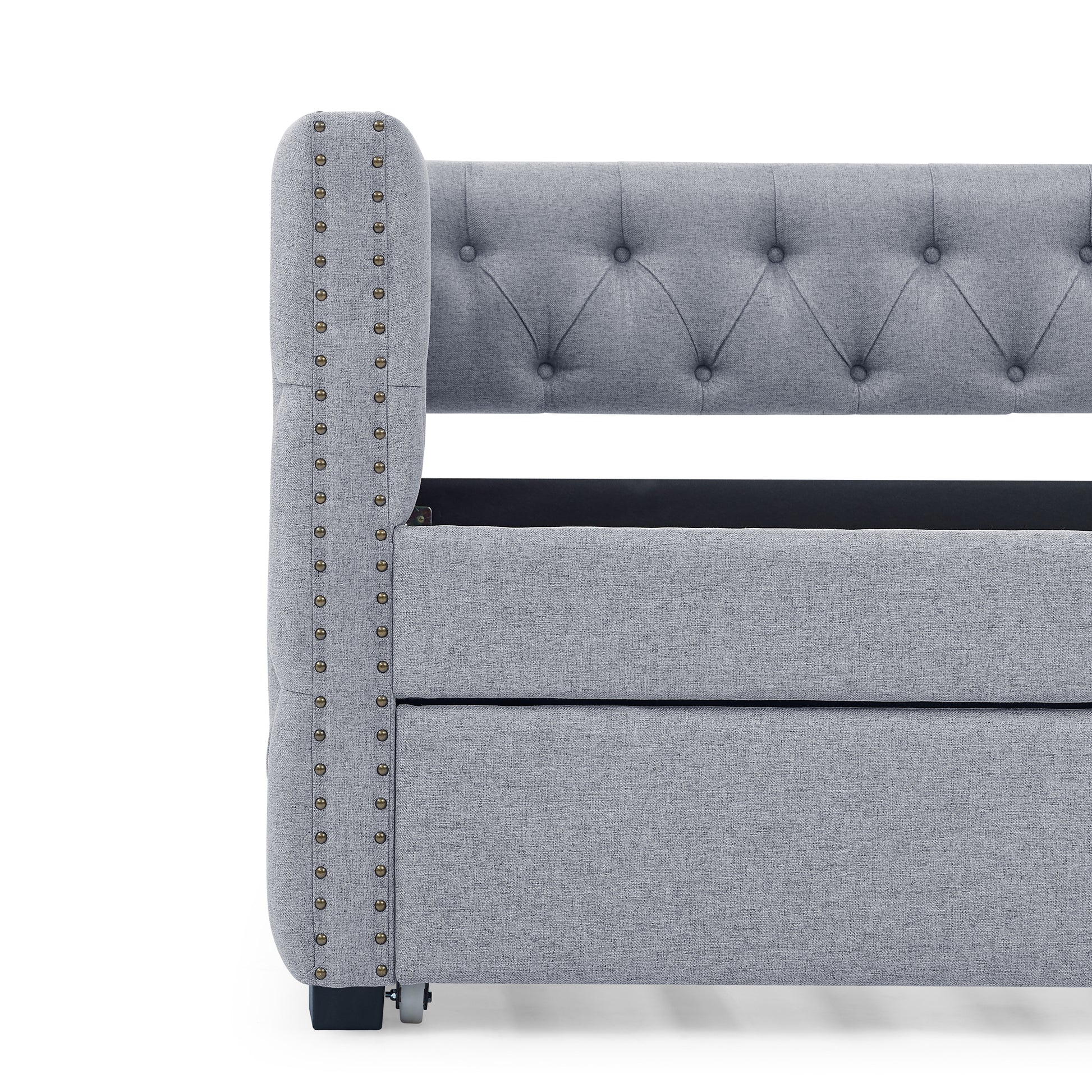 Twin Upholstered Daybed with Trundle Tufted Button Sofa Bed in Grey_11