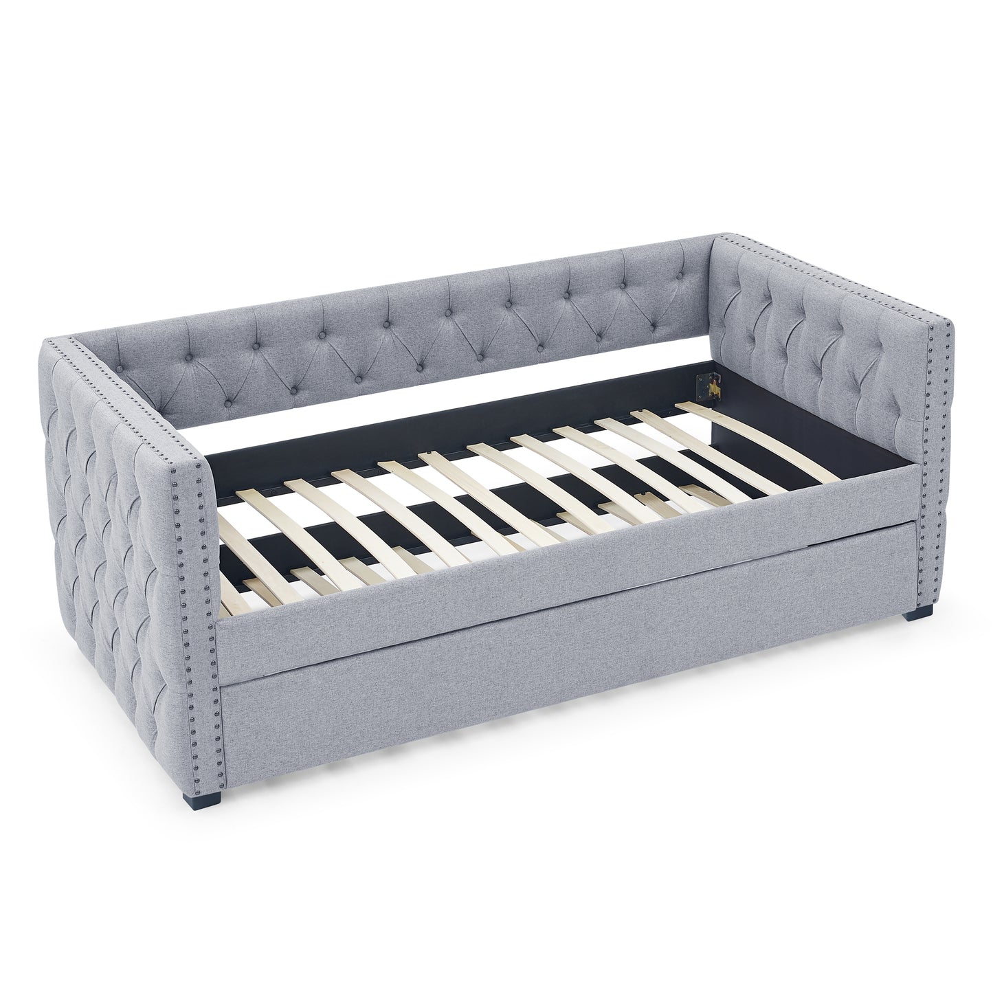Twin Upholstered Daybed with Trundle Tufted Button Sofa Bed in Grey_4
