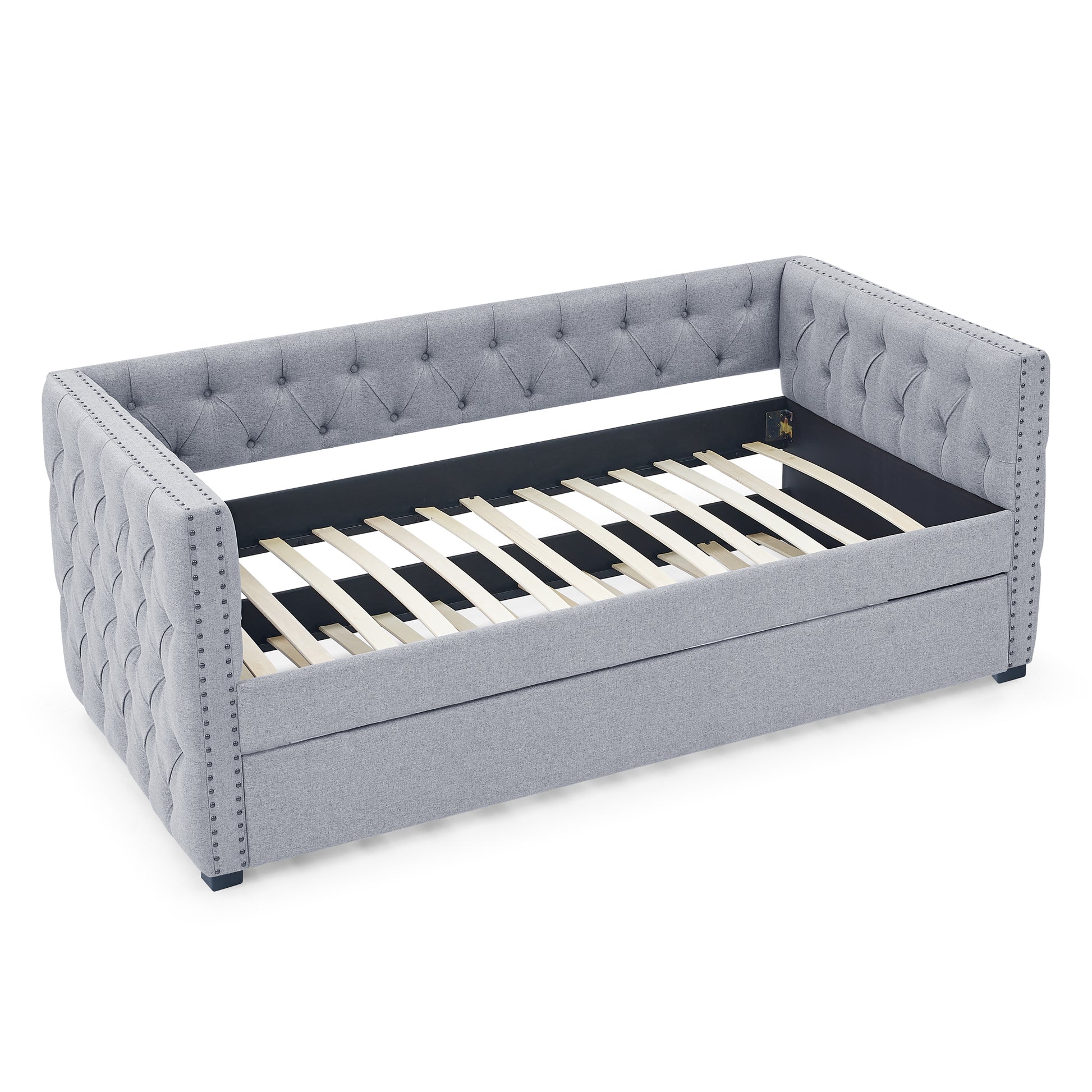 Twin Upholstered Daybed with Trundle Tufted Button Sofa Bed in Grey_4