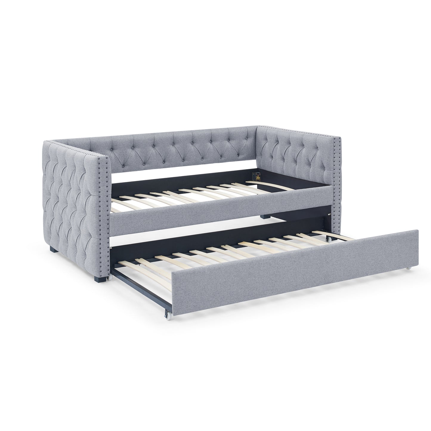 Twin Upholstered Daybed with Trundle Tufted Button Sofa Bed in Grey_7