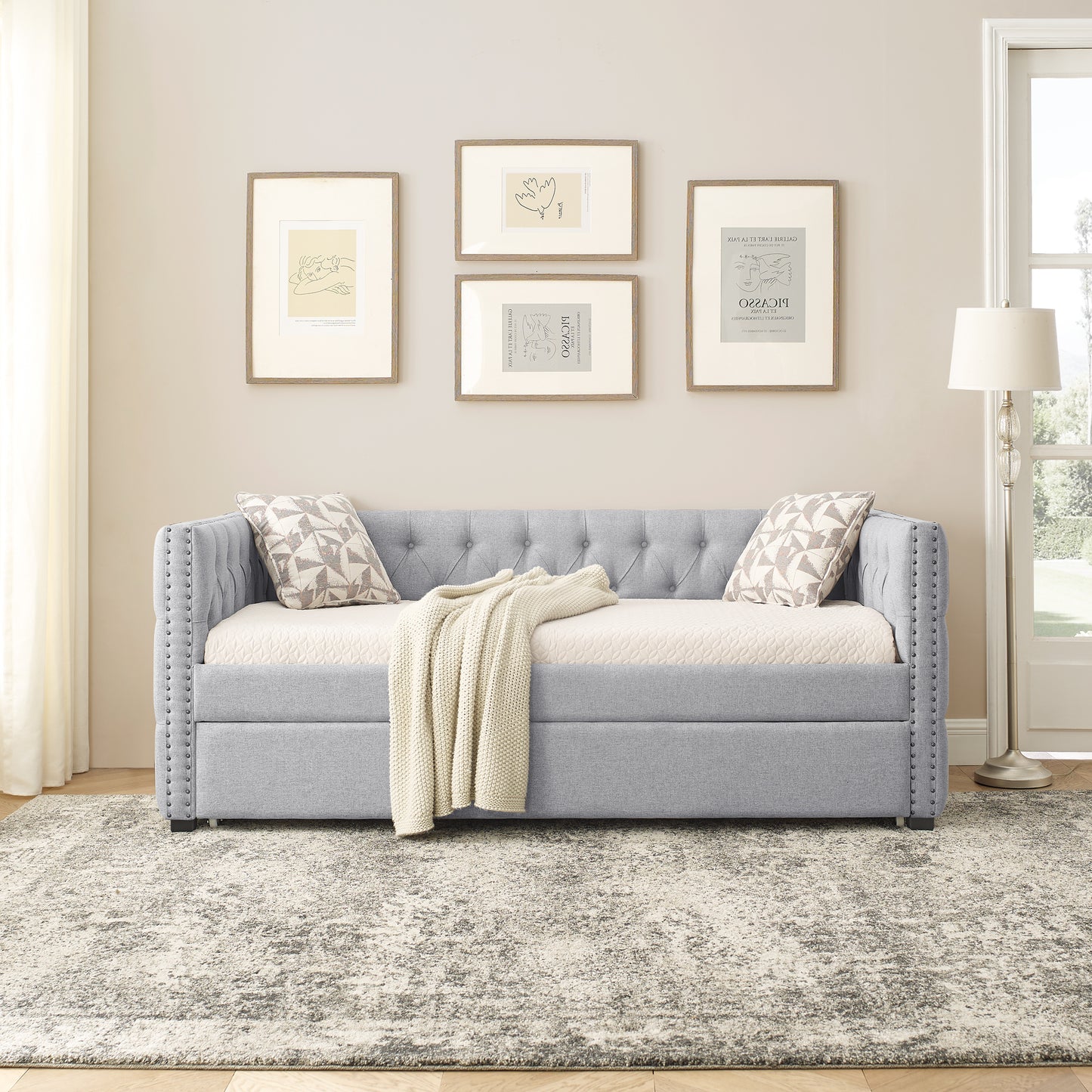 Twin Upholstered Daybed with Trundle Tufted Button Sofa Bed in Grey_3