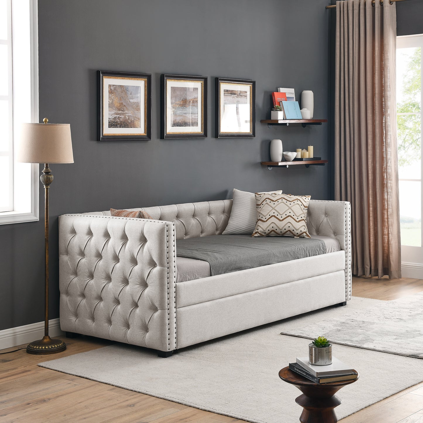 Twin Size Daybed with Trundle Upholstered Tufted Sofa Bed with Button and Copper Nails- Beige_2