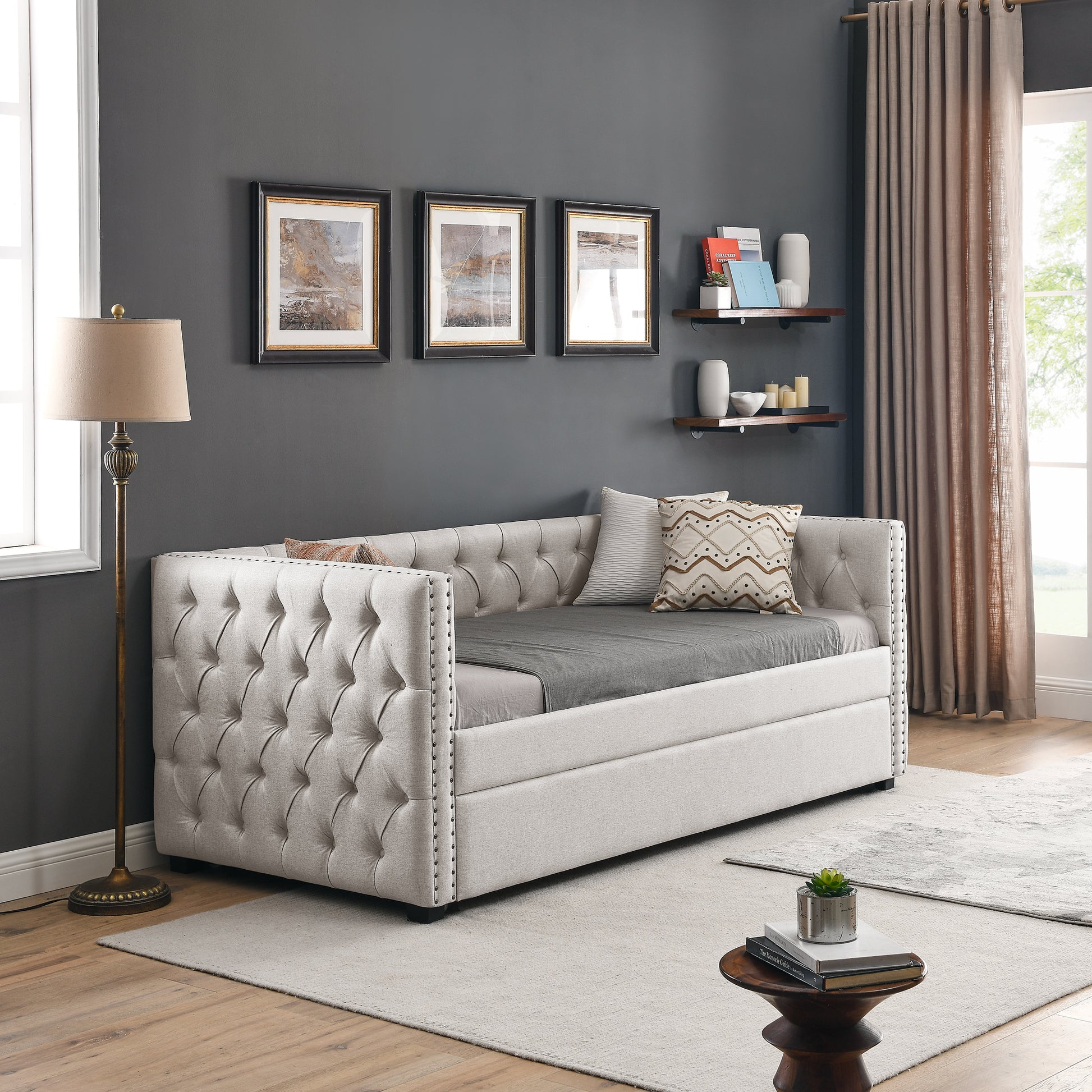 Twin Size Daybed with Trundle Upholstered Tufted Sofa Bed with Button and Copper Nails- Beige_2