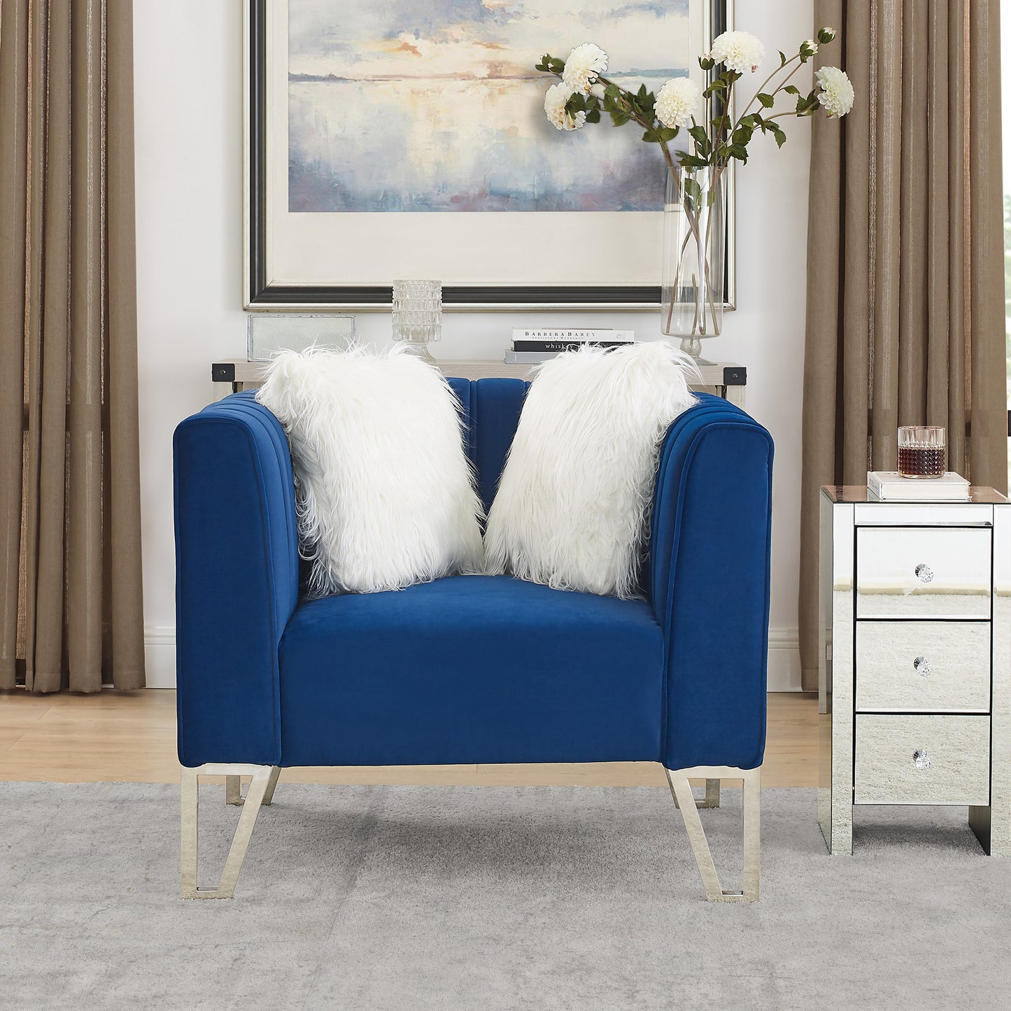 Sofa Chair with Mirrored Side Trim with Faux Diamonds and Stainless Steel Legs- Blue_2