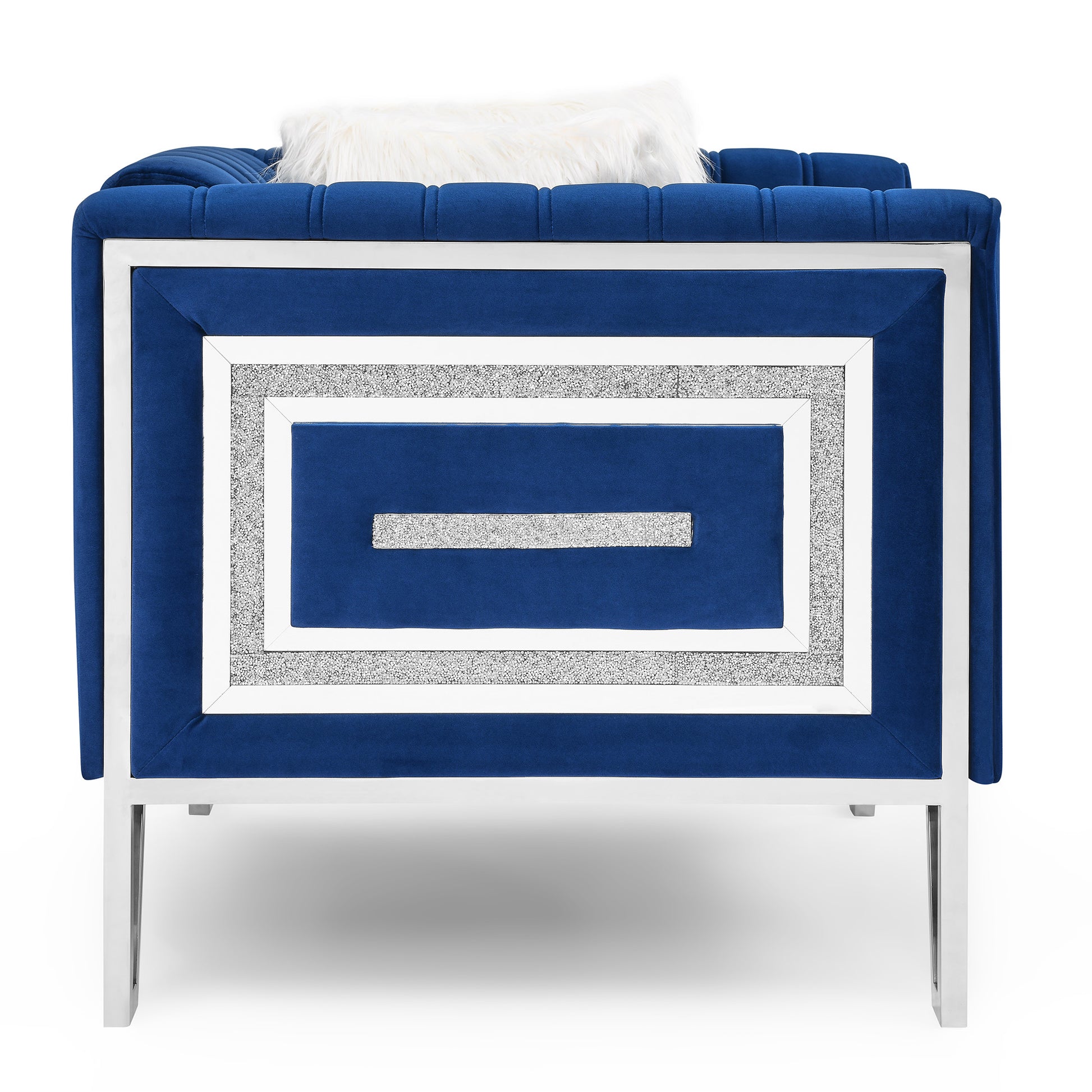 Sofa Chair with Mirrored Side Trim with Faux Diamonds and Stainless Steel Legs- Blue_7
