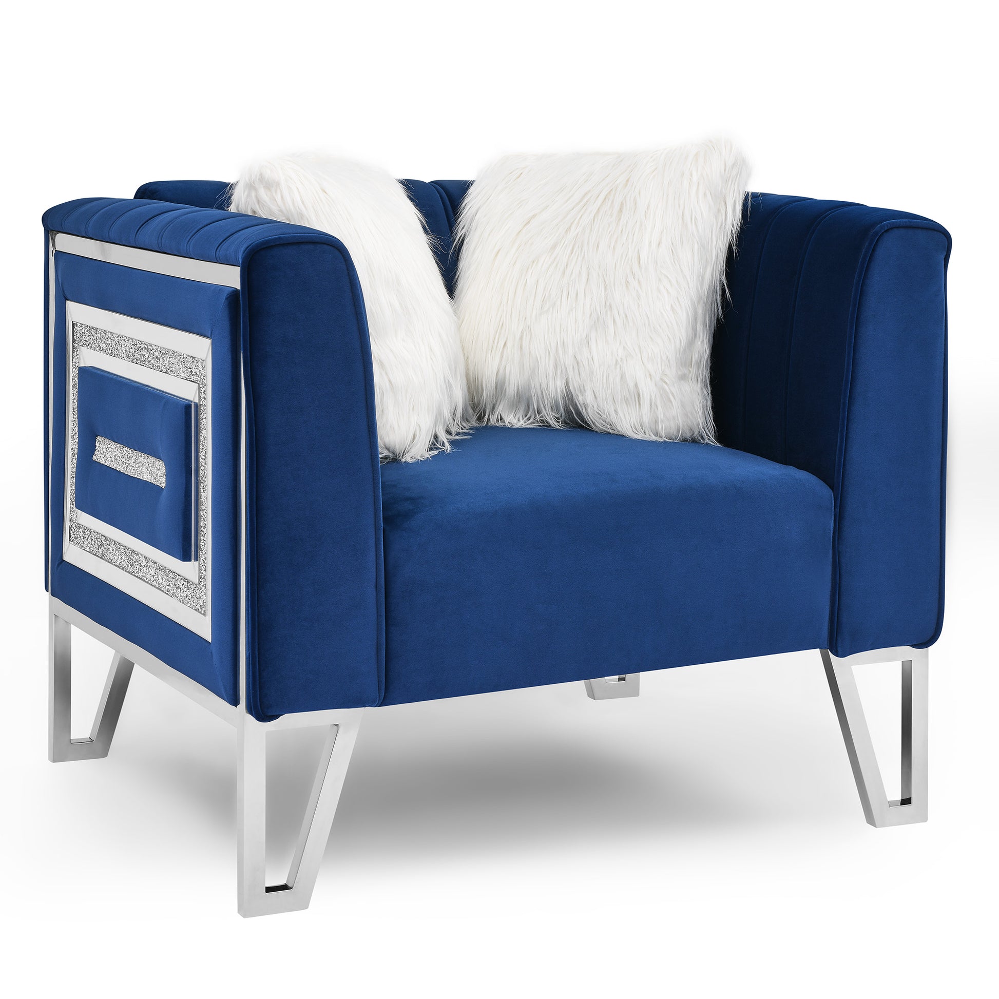 Sofa Chair with Mirrored Side Trim with Faux Diamonds and Stainless Steel Legs- Blue_3
