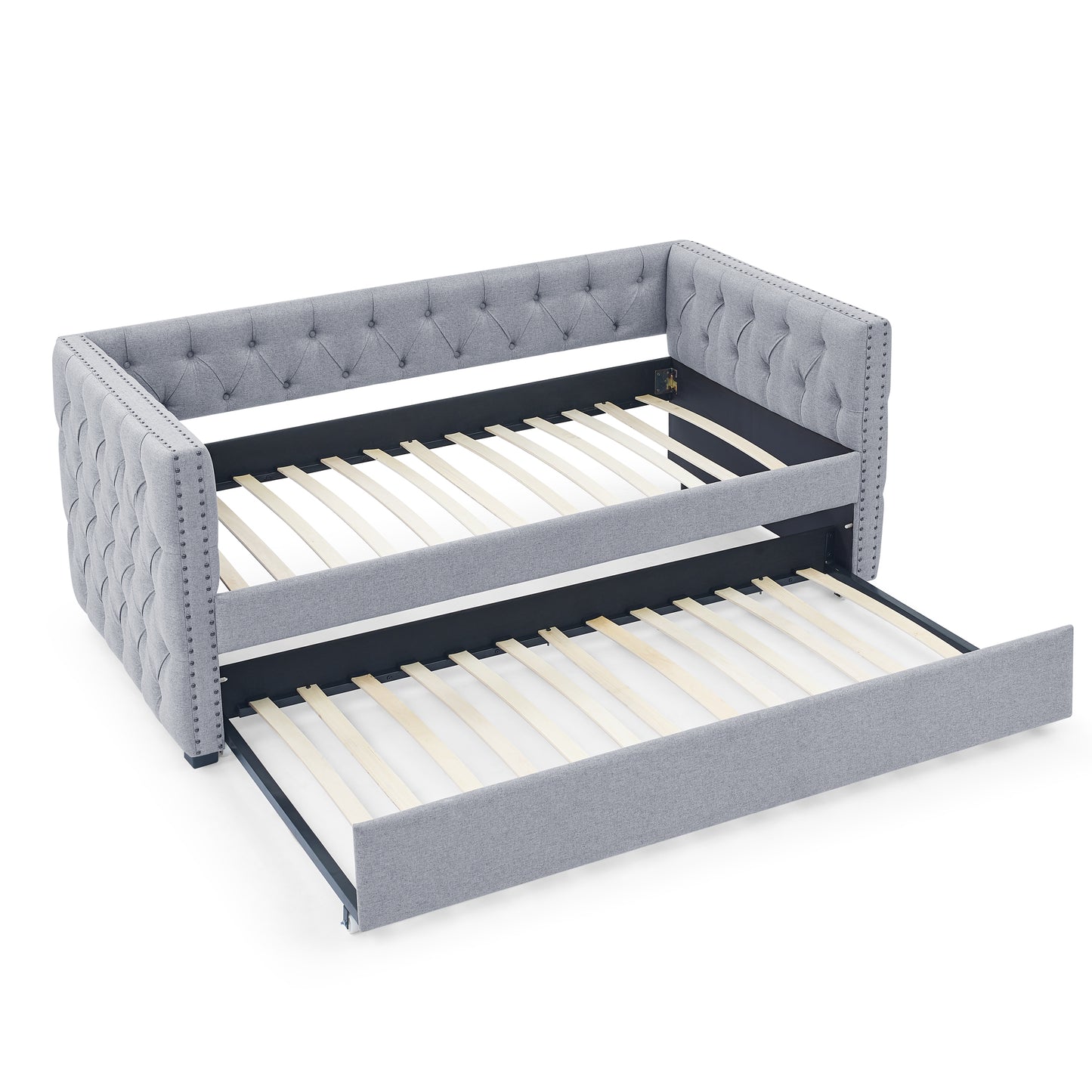 Twin Upholstered Daybed with Trundle Tufted Button Sofa Bed in Grey_6