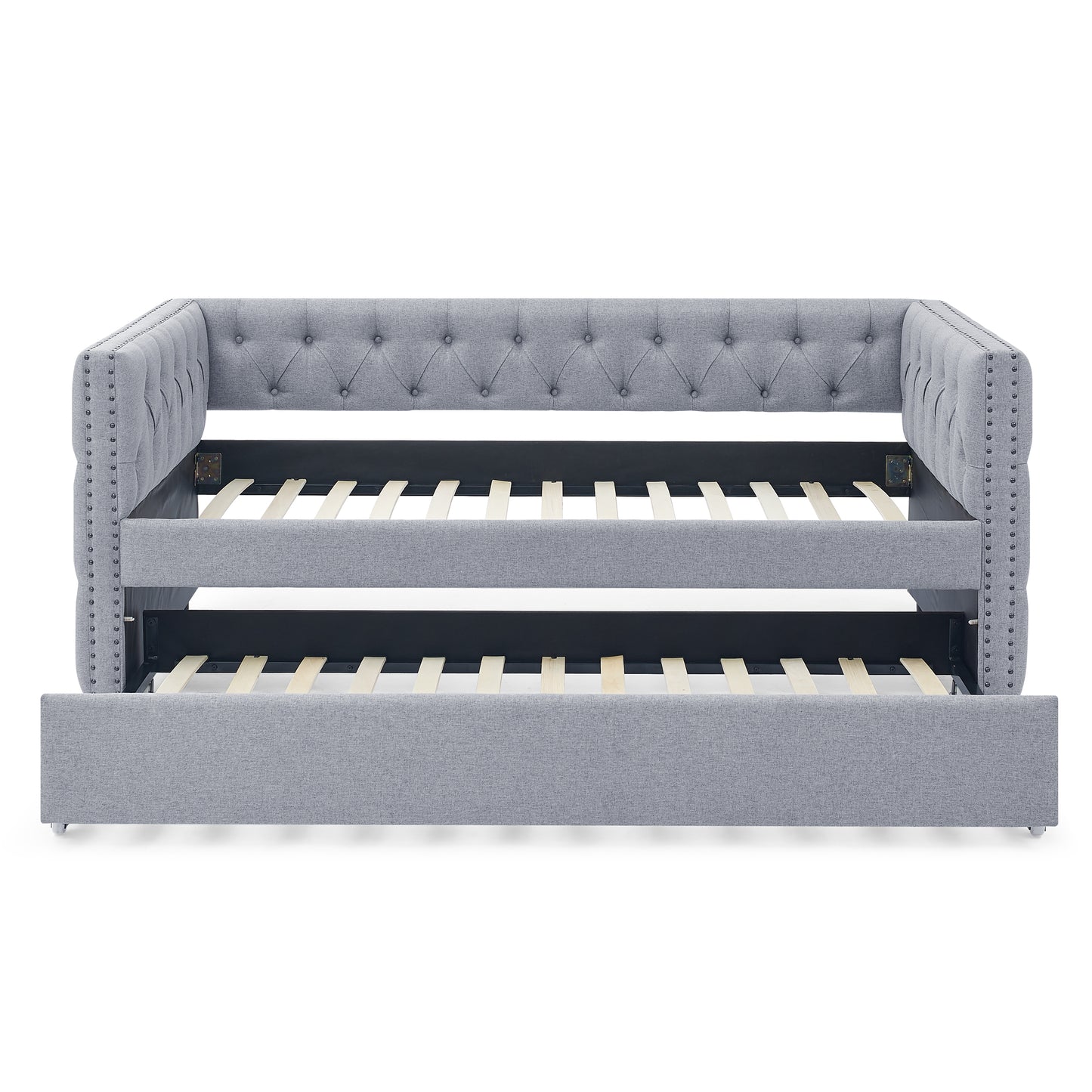 Twin Upholstered Daybed with Trundle Tufted Button Sofa Bed in Grey_5