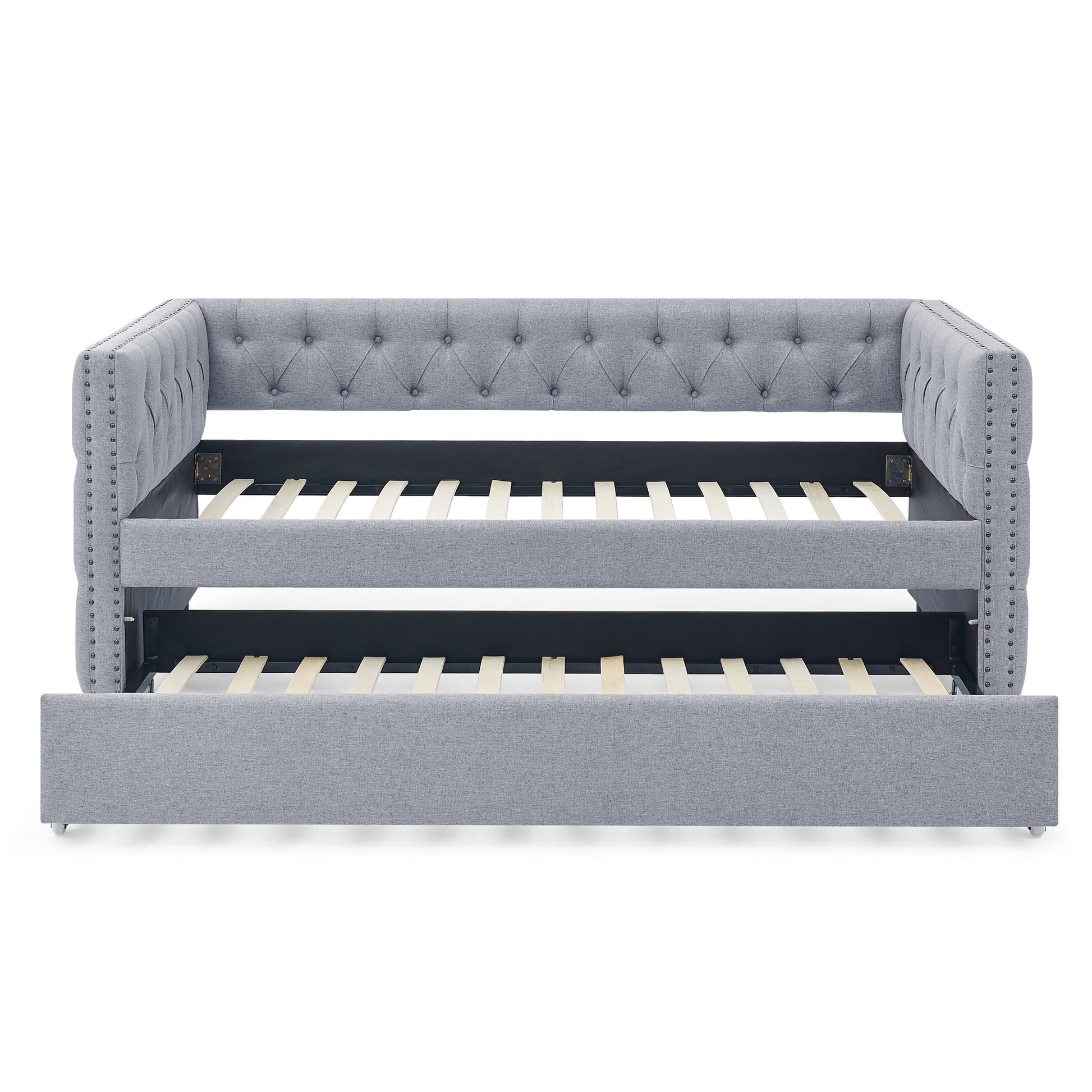 Twin Upholstered Daybed with Trundle Tufted Button Sofa Bed in Grey_5