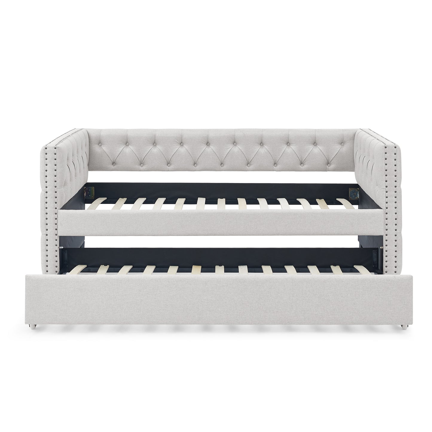 Twin Size Daybed with Trundle Upholstered Tufted Sofa Bed with Button and Copper Nails- Beige_4
