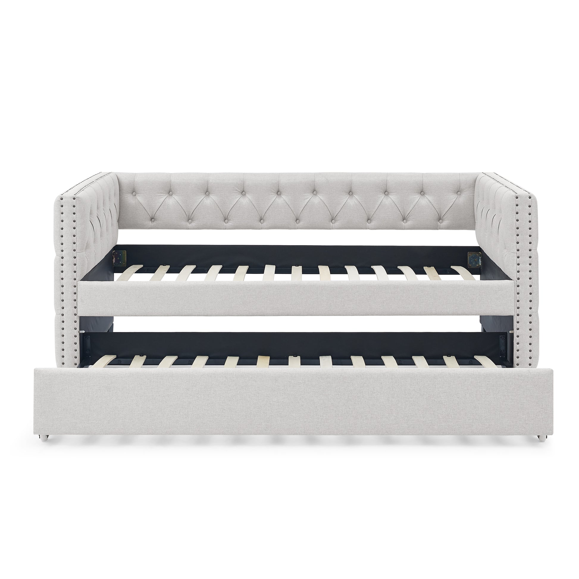 Twin Size Daybed with Trundle Upholstered Tufted Sofa Bed with Button and Copper Nails- Beige_4