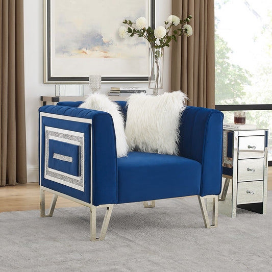 Sofa Chair with Mirrored Side Trim with Faux Diamonds and Stainless Steel Legs- Blue_0