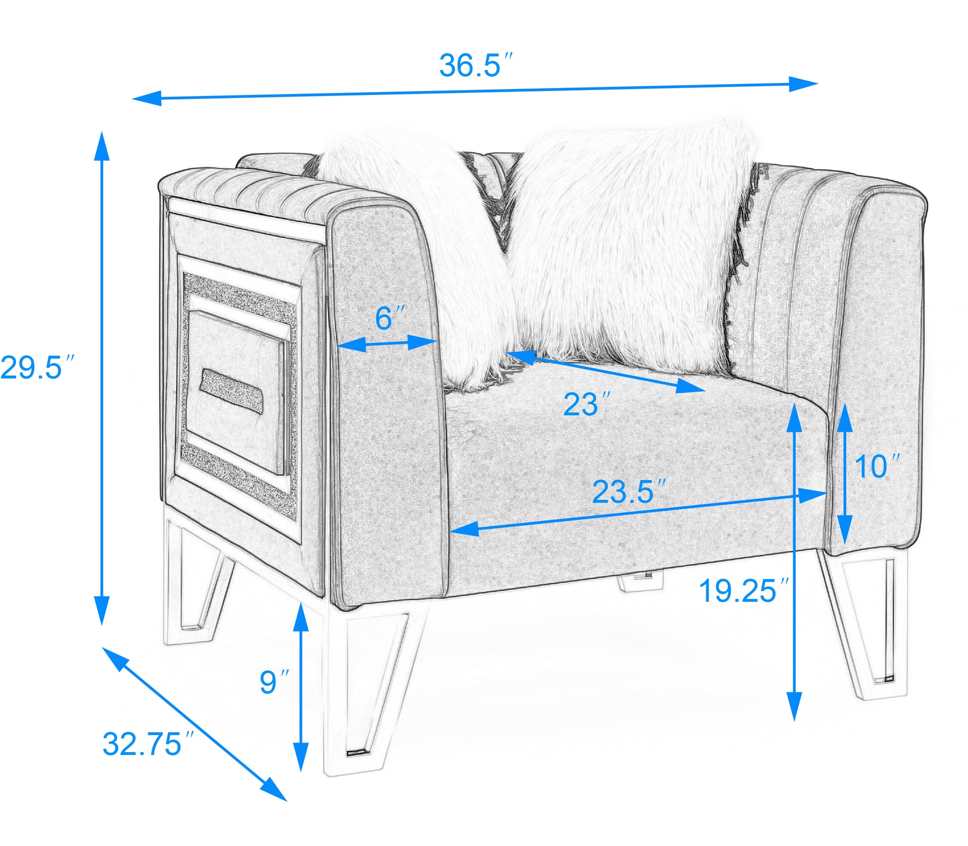 Sofa Chair with Mirrored Side Trim with Faux Diamonds and Stainless Steel Legs- Blue_9