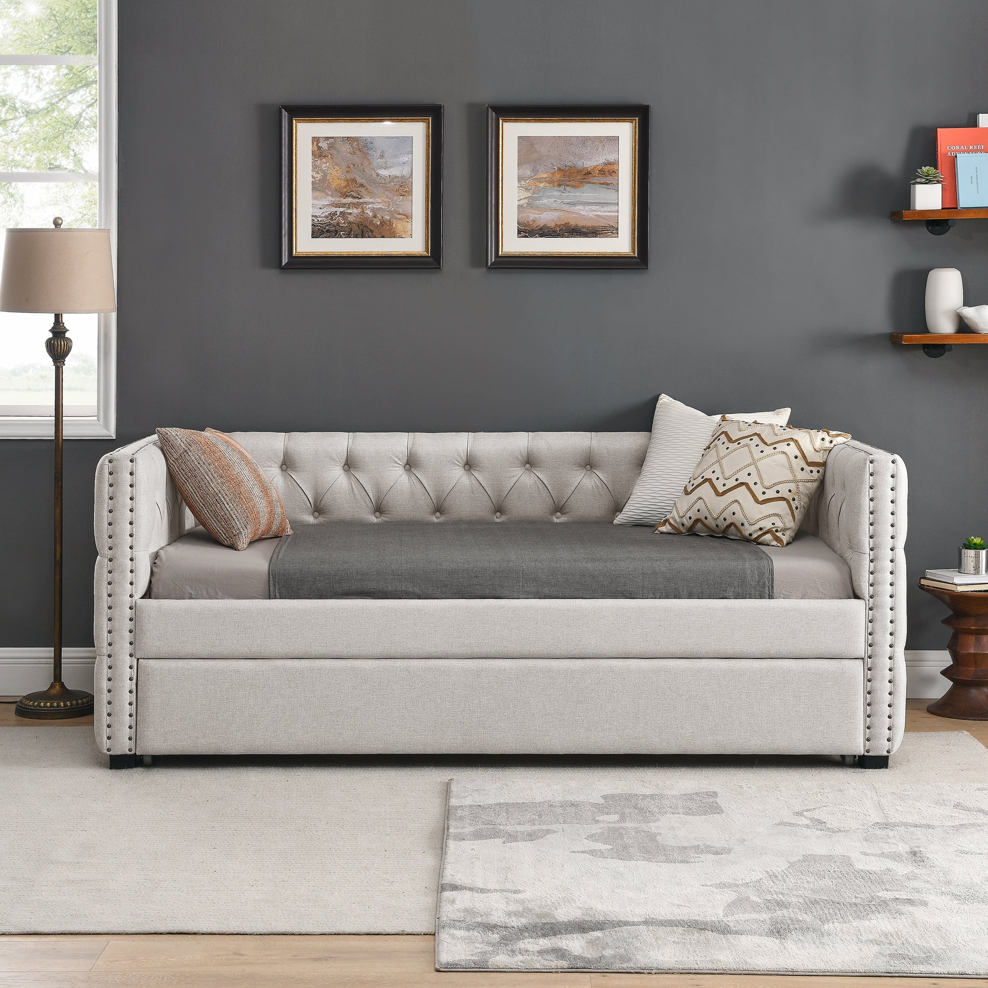 Twin Size Daybed with Trundle Upholstered Tufted Sofa Bed with Button and Copper Nails- Beige_3