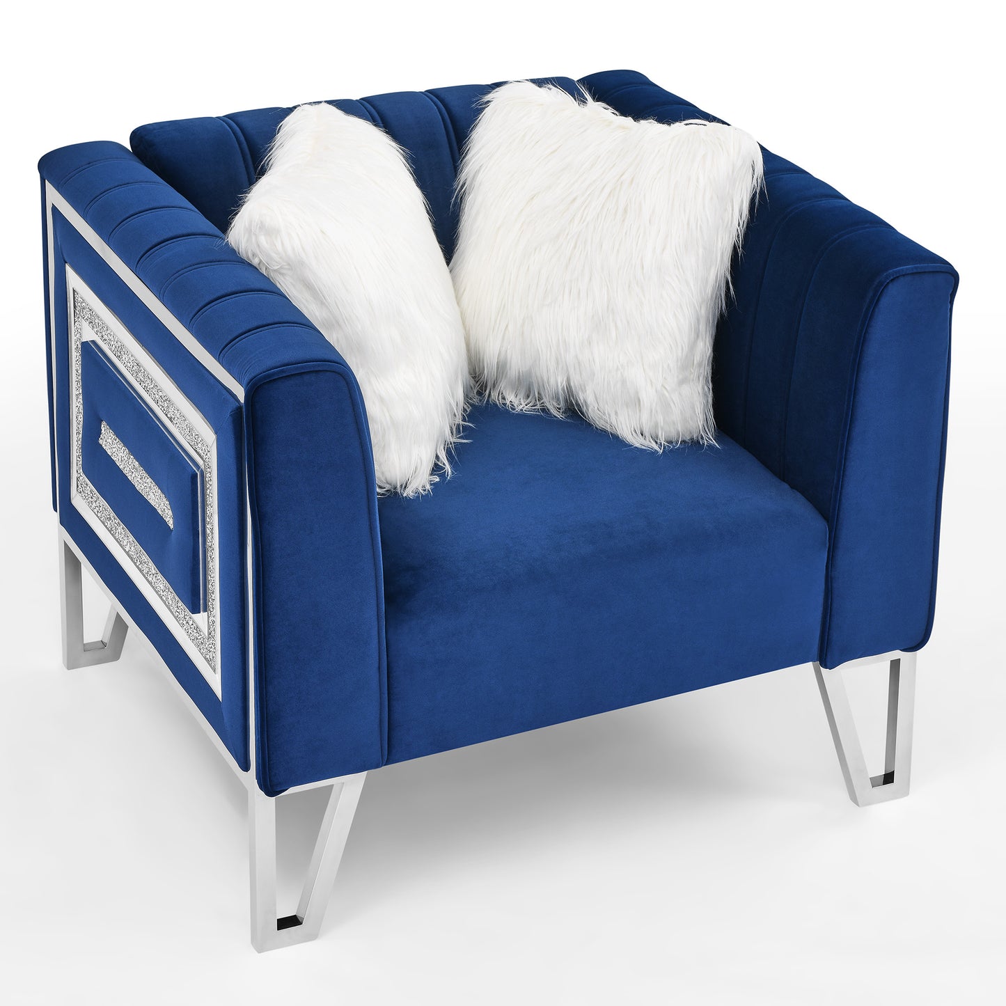 Sofa Chair with Mirrored Side Trim with Faux Diamonds and Stainless Steel Legs- Blue_4