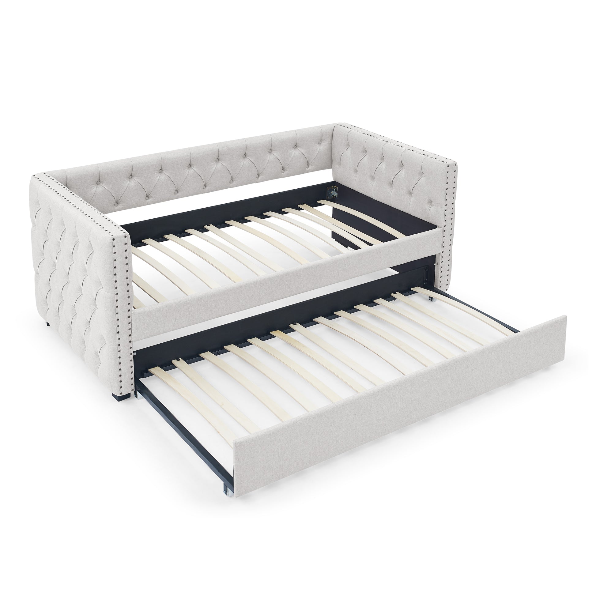 Twin Size Daybed with Trundle Upholstered Tufted Sofa Bed with Button and Copper Nails- Beige_6