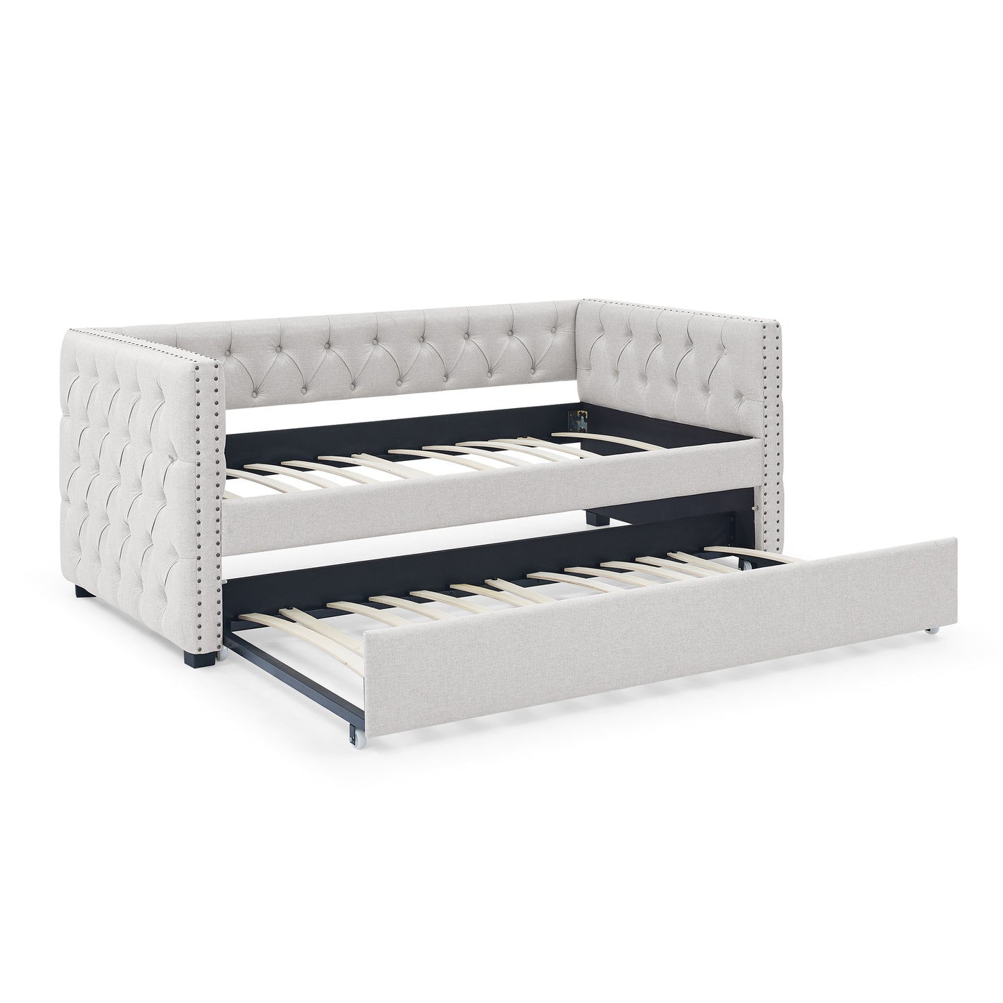 Twin Size Daybed with Trundle Upholstered Tufted Sofa Bed with Button and Copper Nails- Beige_7