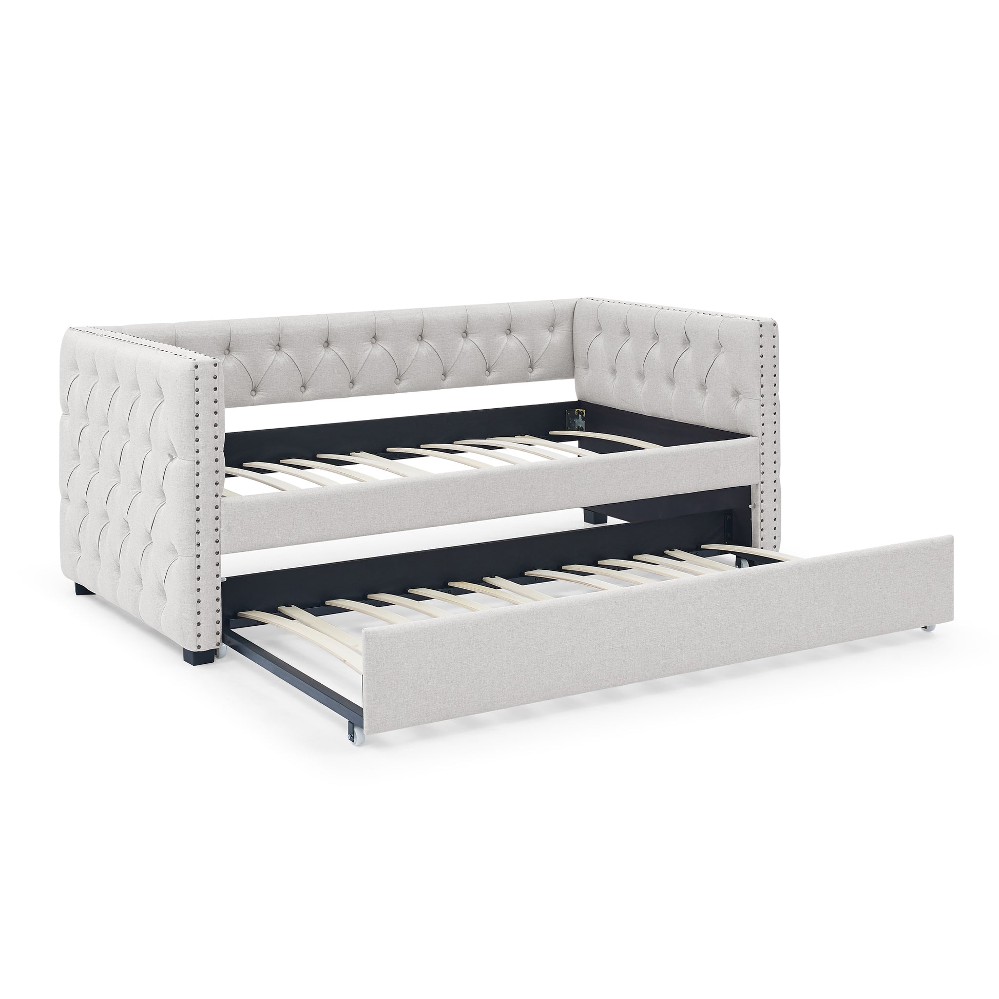 Twin Size Daybed with Trundle Upholstered Tufted Sofa Bed with Button and Copper Nails- Beige_7