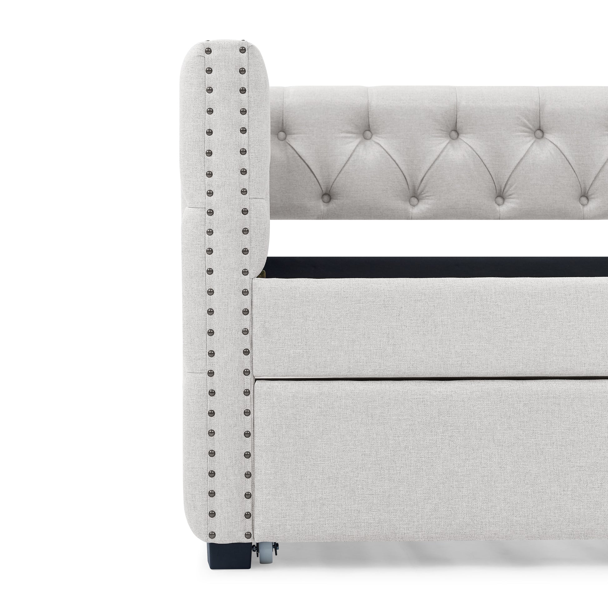Twin Size Daybed with Trundle Upholstered Tufted Sofa Bed with Button and Copper Nails- Beige_9