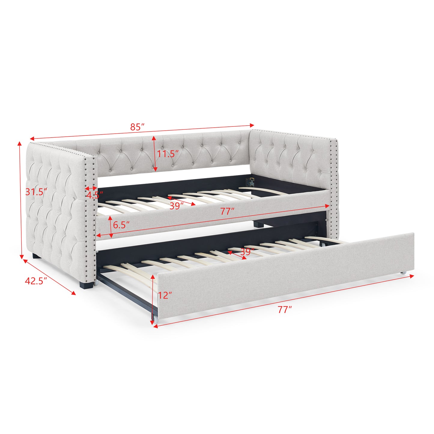 Twin Size Daybed with Trundle Upholstered Tufted Sofa Bed with Button and Copper Nails- Beige_12