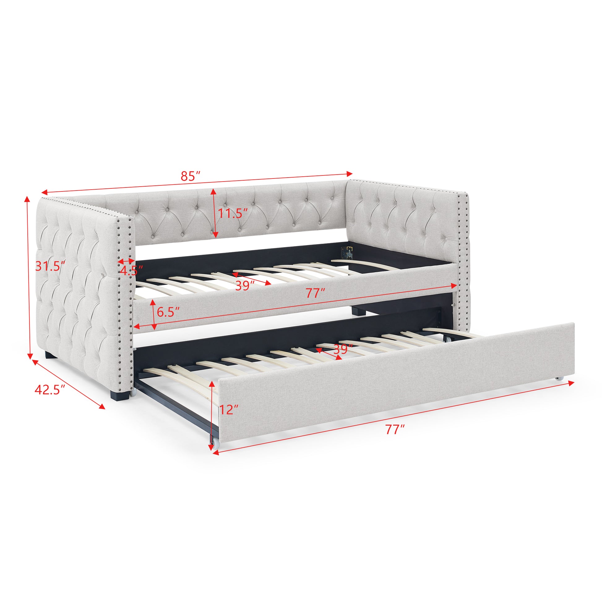 Twin Size Daybed with Trundle Upholstered Tufted Sofa Bed with Button and Copper Nails- Beige_12