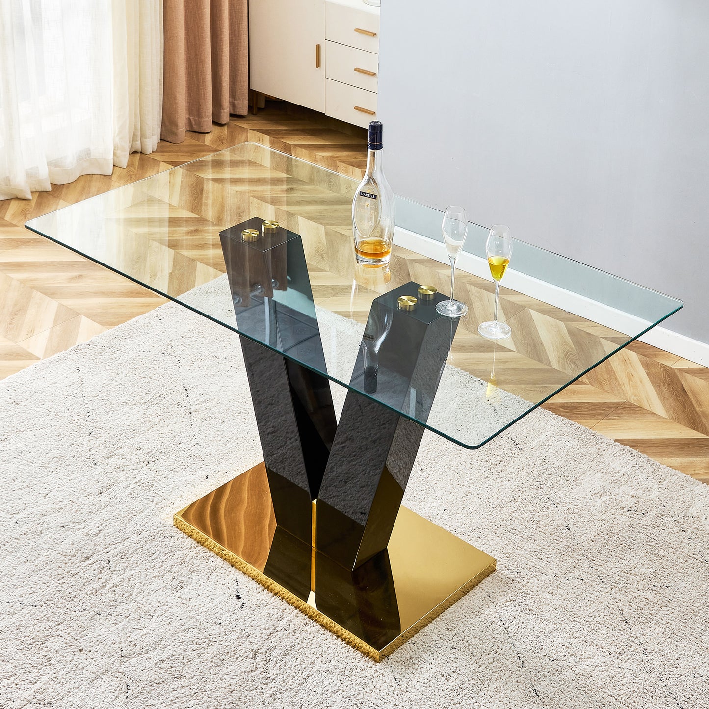 6-8 Seater Modern Minimalist 0.4" Tempered Glass Tabletop and V-Shaped Slab Legs_1