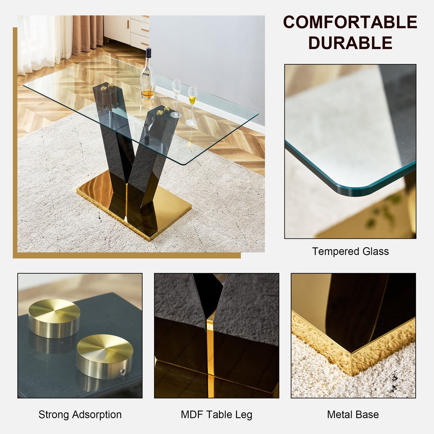 6-8 Seater Modern Minimalist 0.4" Tempered Glass Tabletop and V-Shaped Slab Legs_2