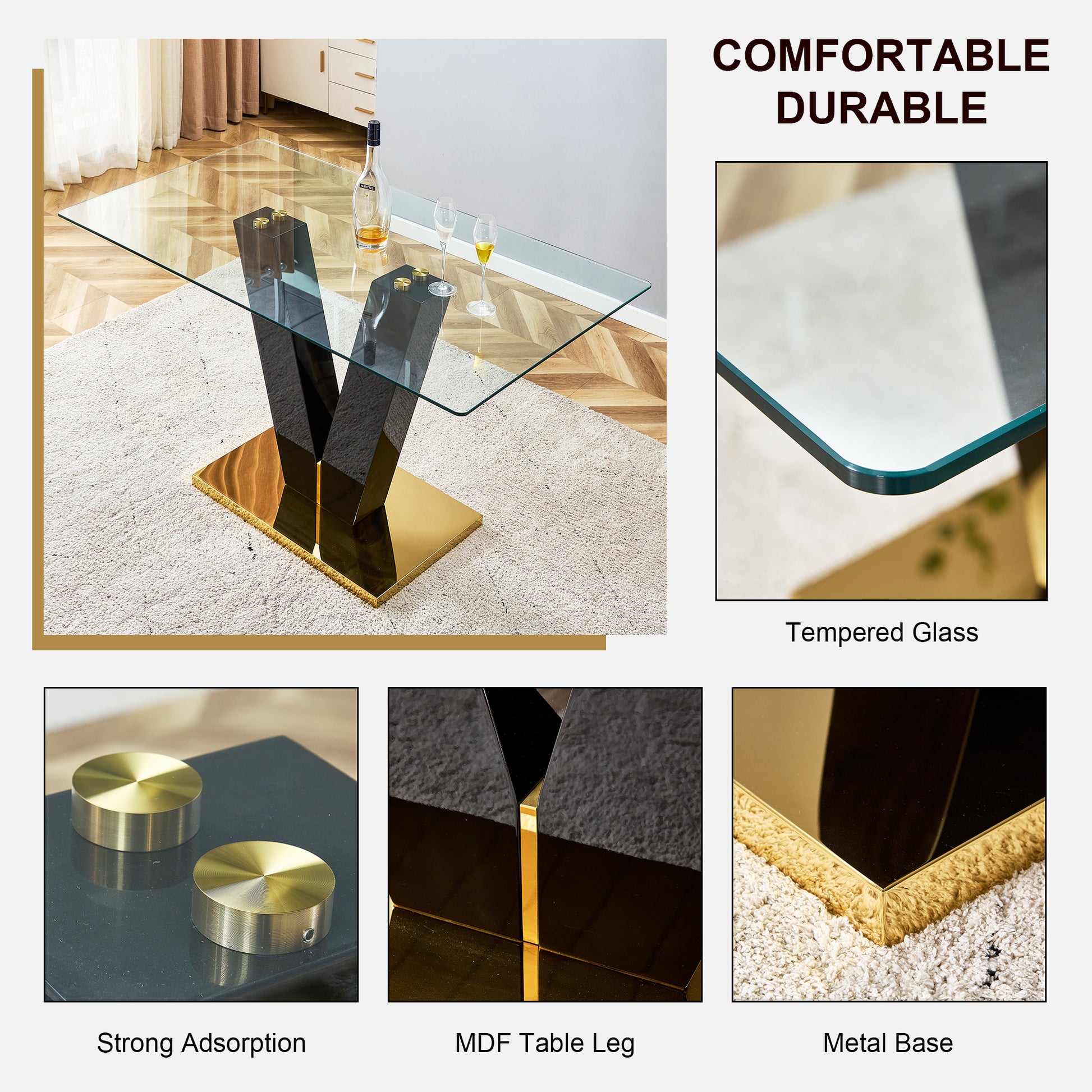 6-8 Seater Modern Minimalist 0.4" Tempered Glass Tabletop and V-Shaped Slab Legs_2