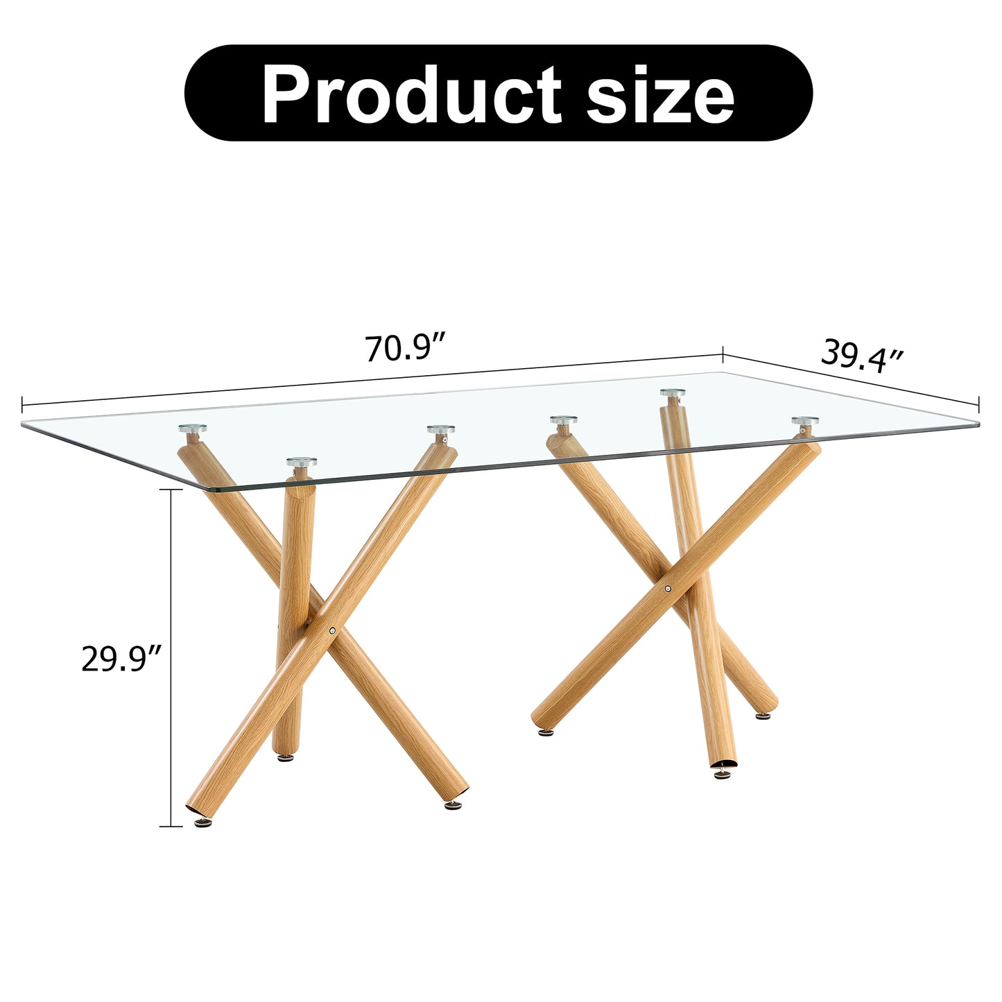 6-8 Seater Modern Kitchen Dining Table Rectangular Transparent Table Top with Wooden Metal Leg_9