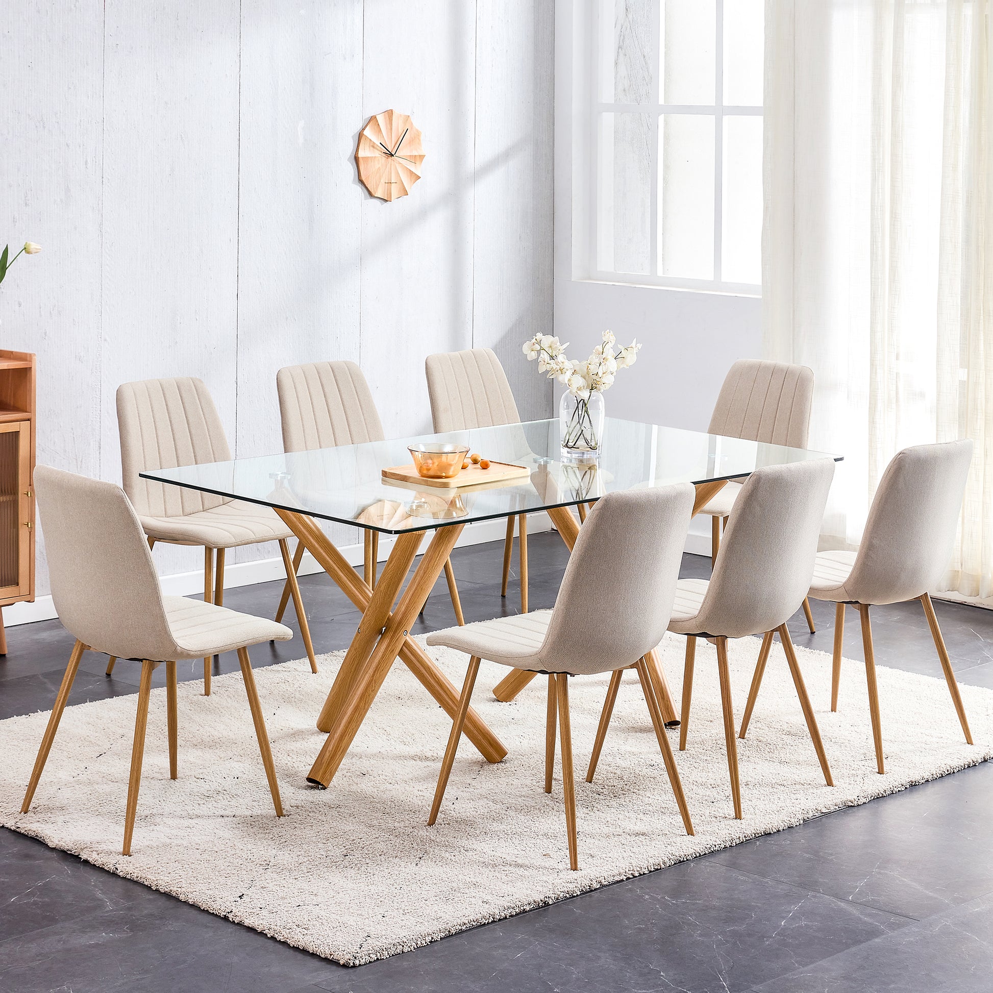 6-8 Seater Modern Kitchen Dining Table Rectangular Transparent Table Top with Wooden Metal Leg_5