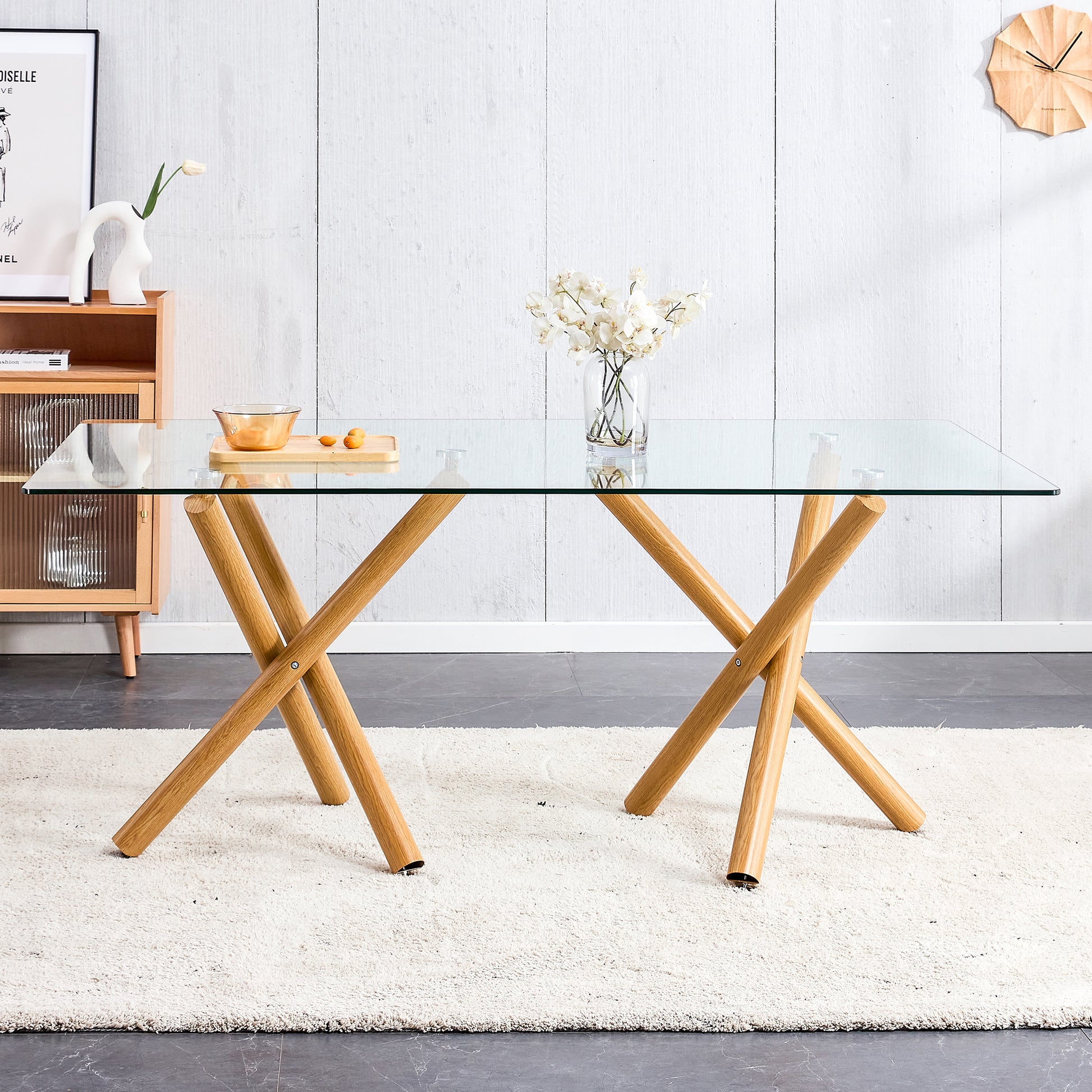6-8 Seater Modern Kitchen Dining Table Rectangular Transparent Table Top with Wooden Metal Leg_1