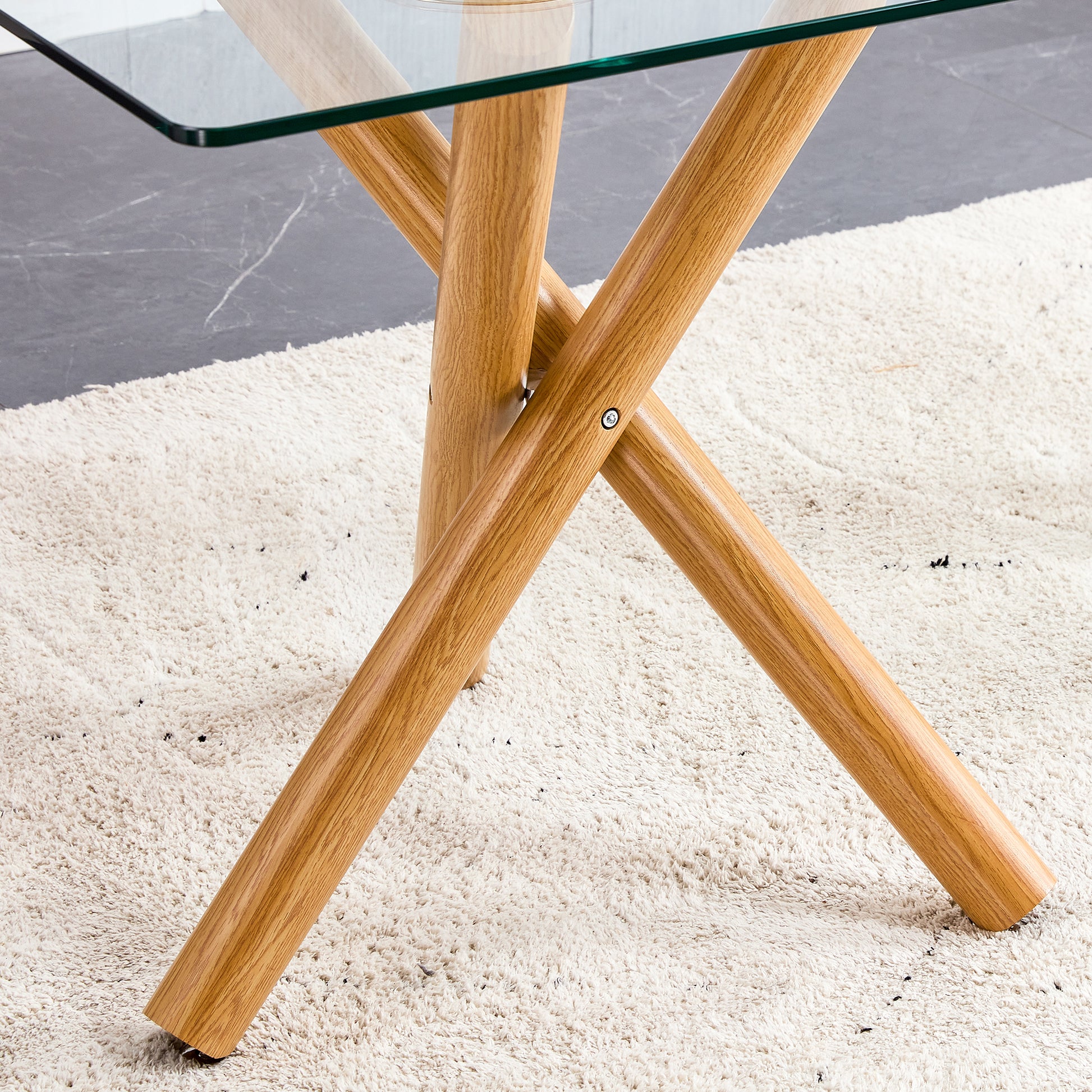 6-8 Seater Modern Kitchen Dining Table Rectangular Transparent Table Top with Wooden Metal Leg_11