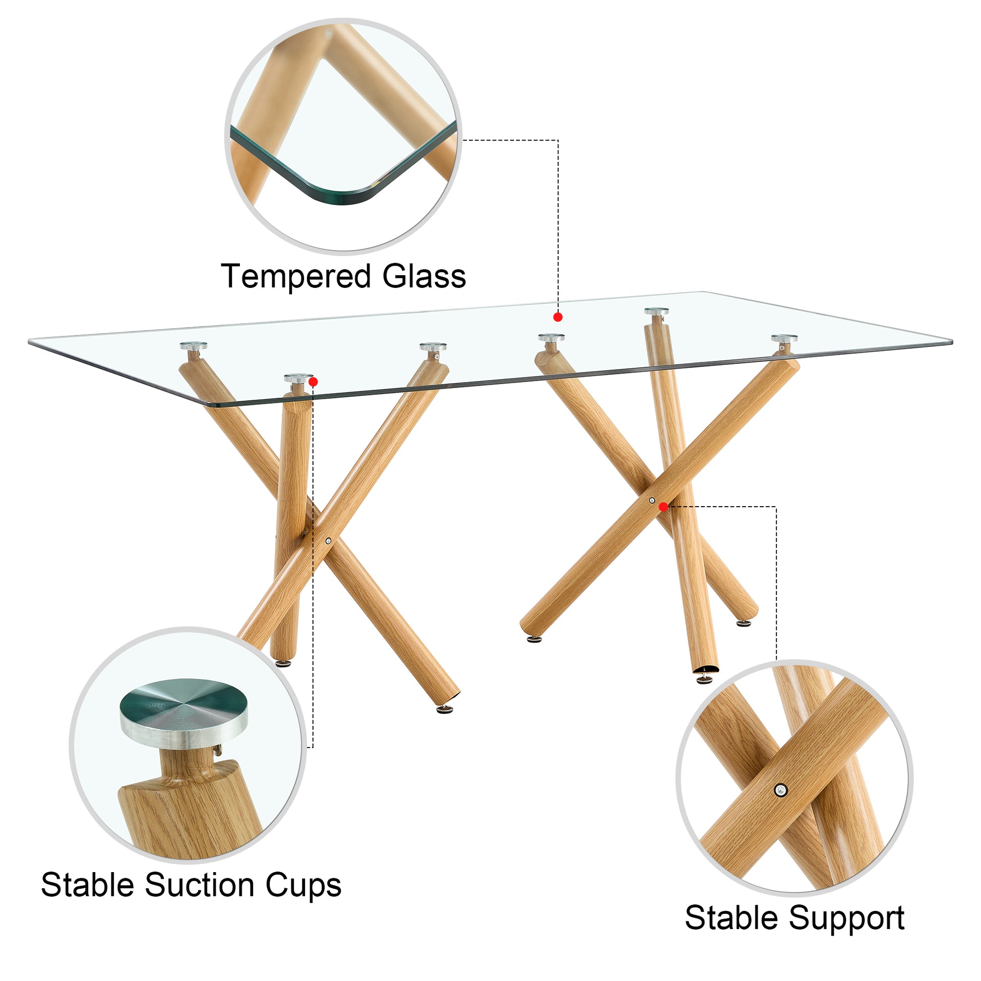 6-8 Seater Modern Kitchen Dining Table Rectangular Transparent Table Top with Wooden Metal Leg_8