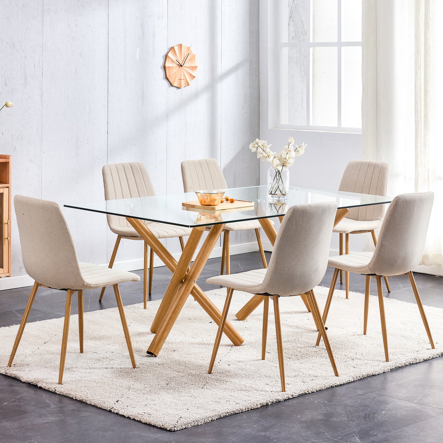 6-8 Seater Modern Kitchen Dining Table Rectangular Transparent Table Top with Wooden Metal Leg_4