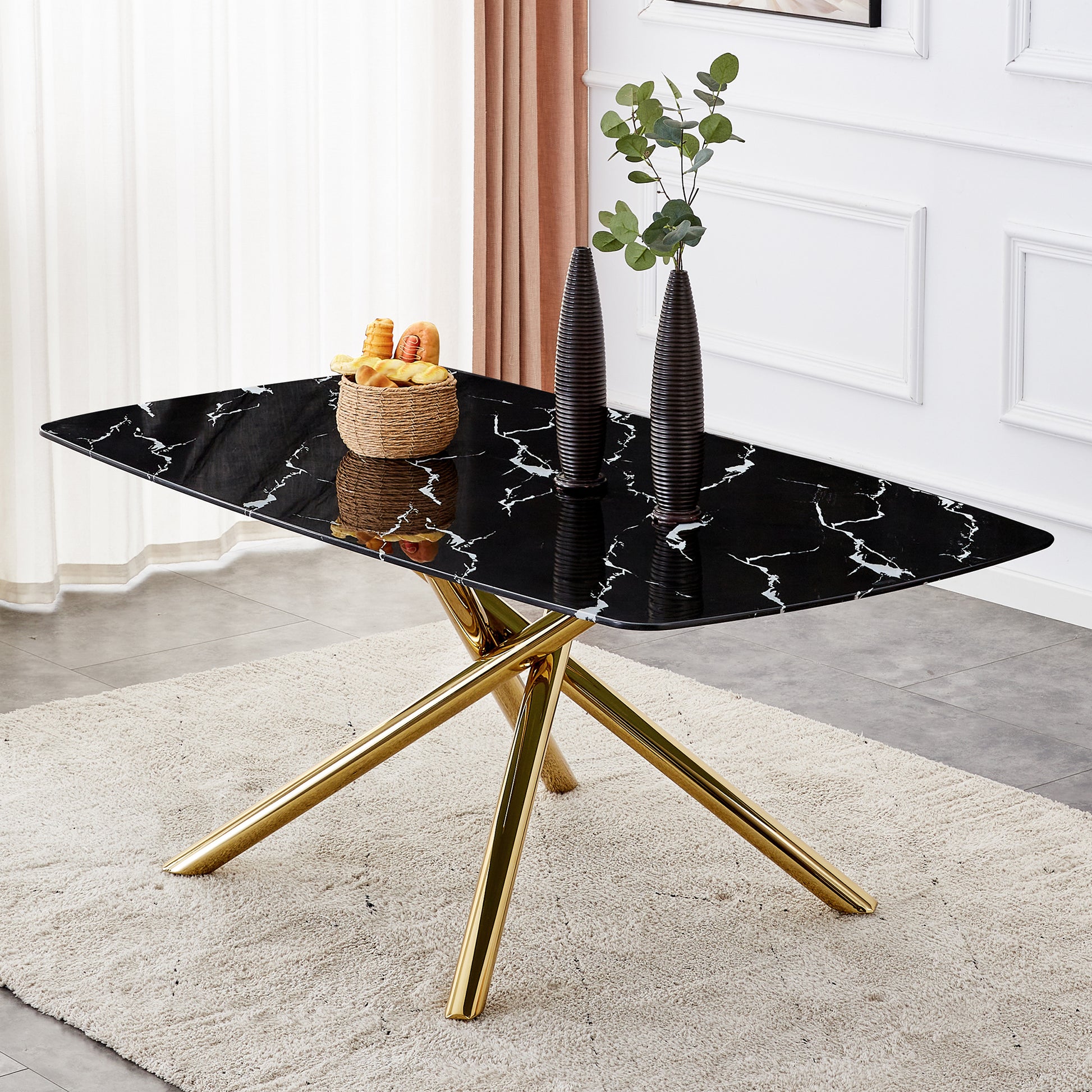 Large modern minimalist rectangular dining table with 0.39 "imitation marble black tabletop and golden metal legs, for Kitchen Dining Living Meeting Room Banquet hall 1537_2