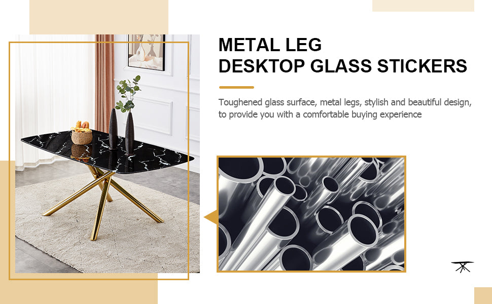 Large modern minimalist rectangular dining table with 0.39 "imitation marble black tabletop and golden metal legs, for Kitchen Dining Living Meeting Room Banquet hall 1537_10