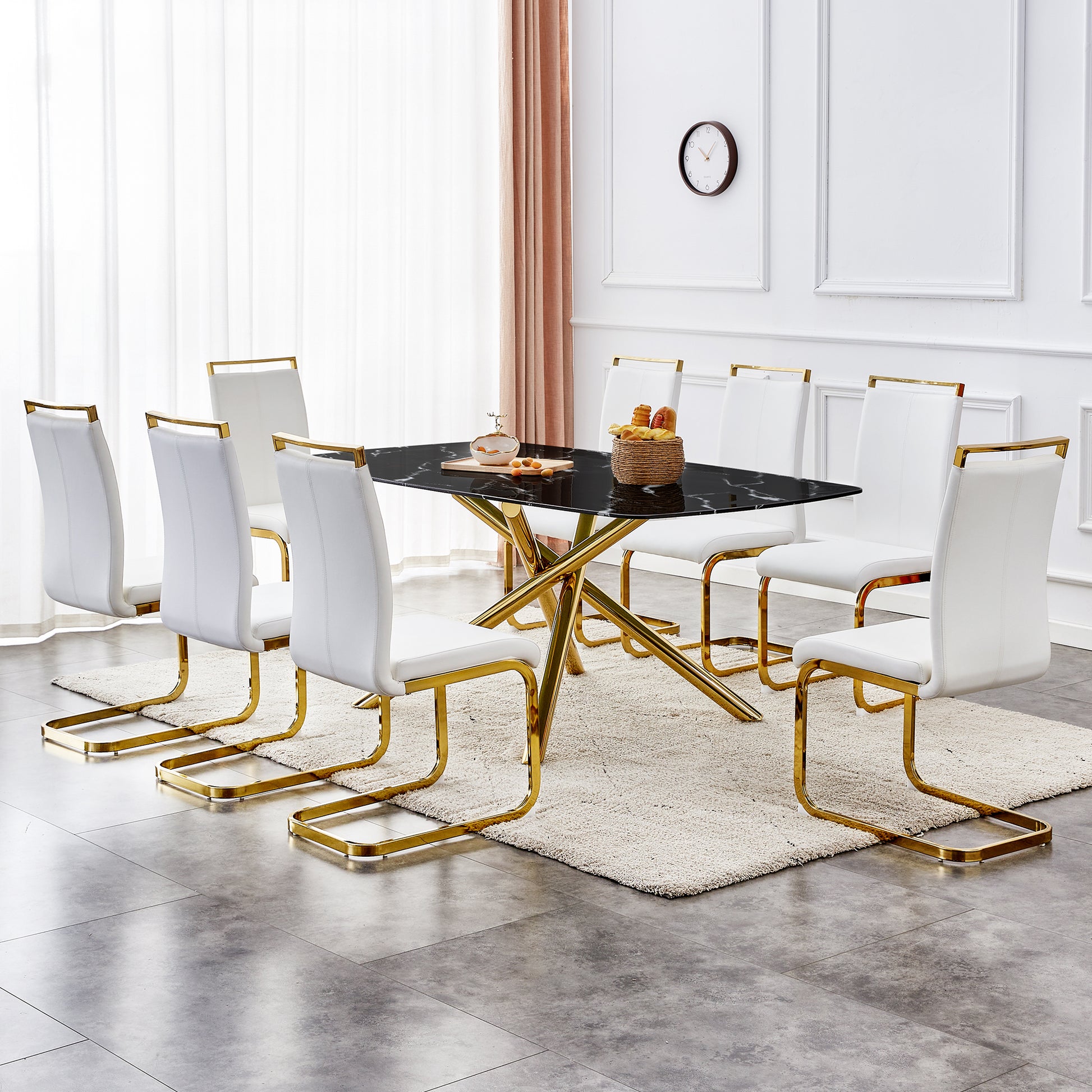 Large modern minimalist rectangular dining table with 0.39 "imitation marble black tabletop and golden metal legs, for Kitchen Dining Living Meeting Room Banquet hall 1537_15
