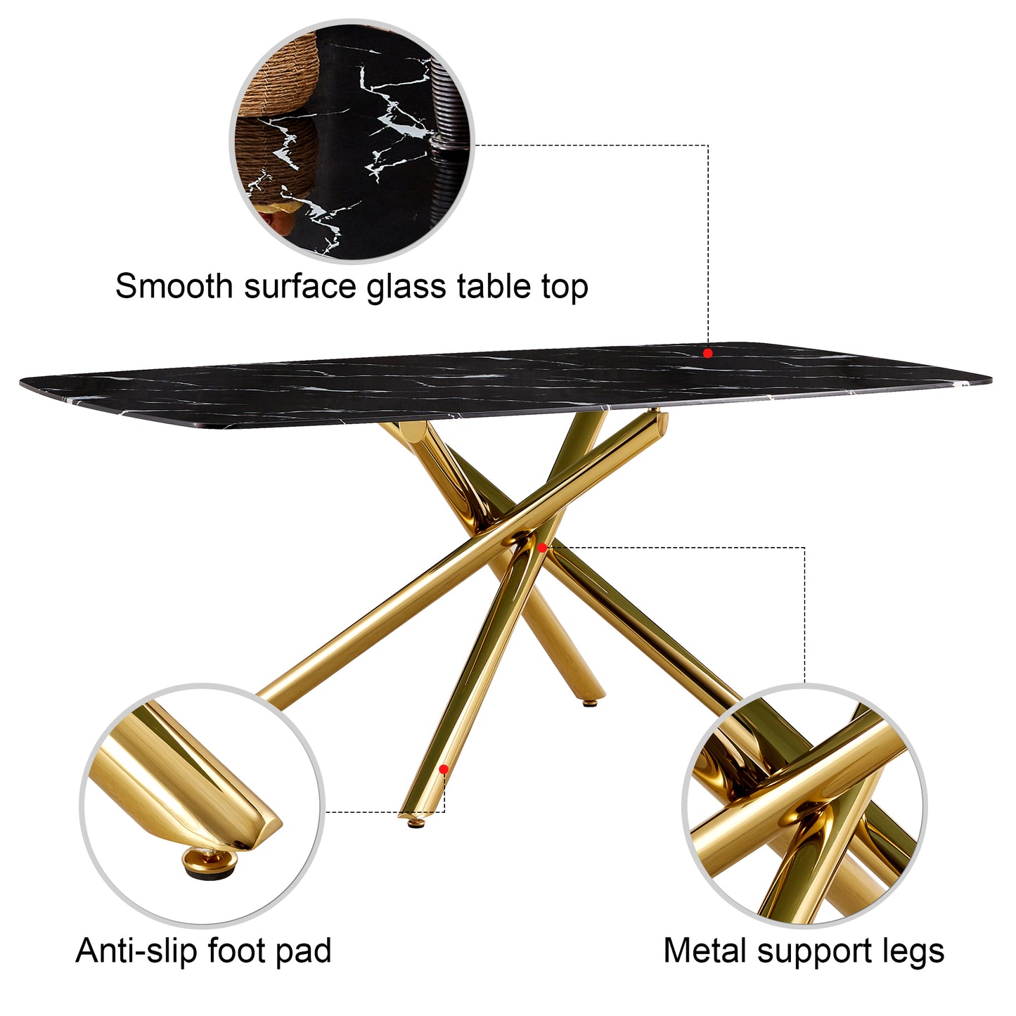 Large modern minimalist rectangular dining table with 0.39 "imitation marble black tabletop and golden metal legs, for Kitchen Dining Living Meeting Room Banquet hall 1537_12