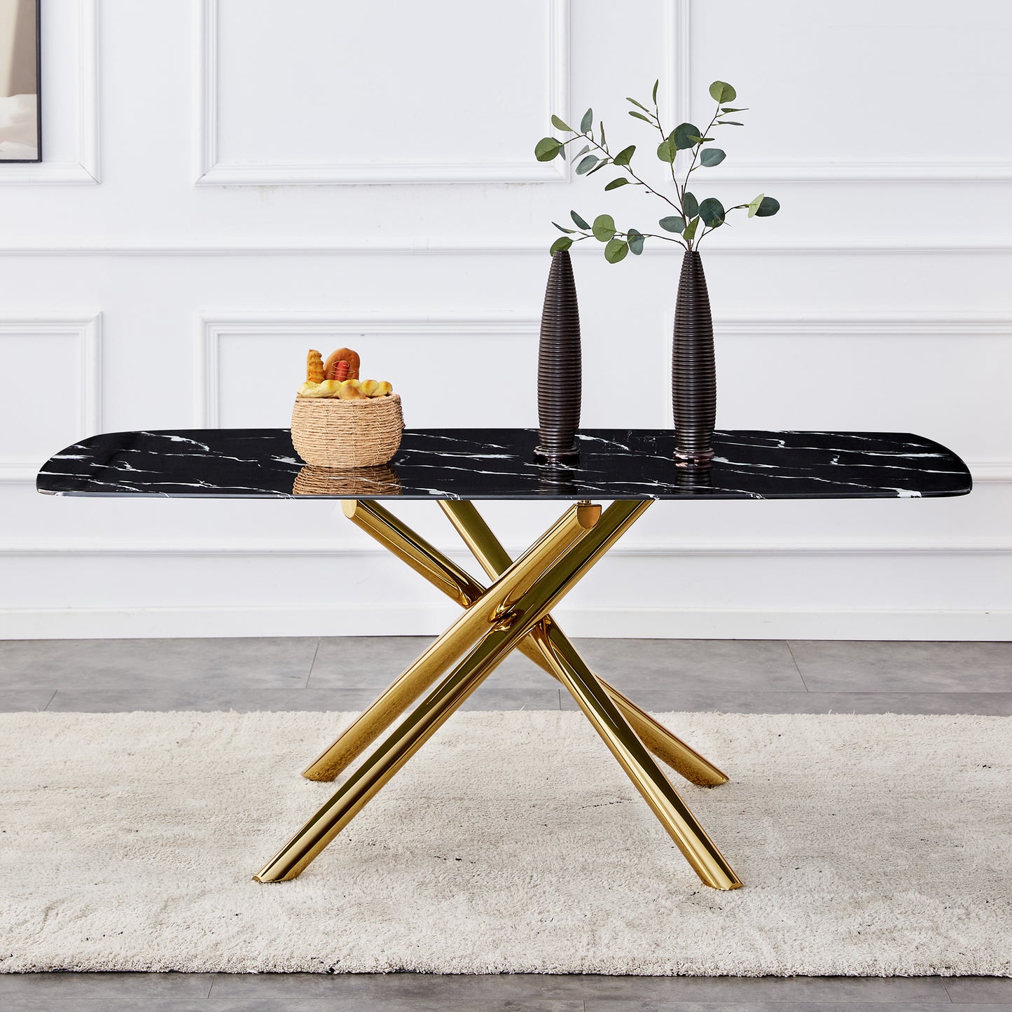 Large modern minimalist rectangular dining table with 0.39 "imitation marble black tabletop and golden metal legs, for Kitchen Dining Living Meeting Room Banquet hall 1537_0