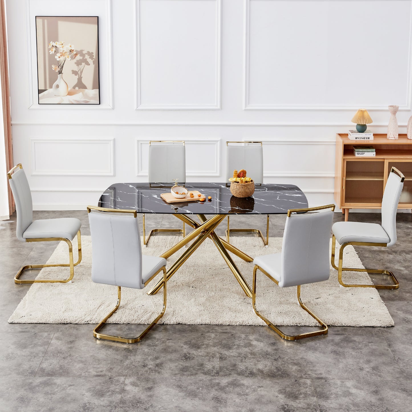 Large modern minimalist rectangular dining table with 0.39 "imitation marble black tabletop and golden metal legs, for Kitchen Dining Living Meeting Room Banquet hall 1537_13