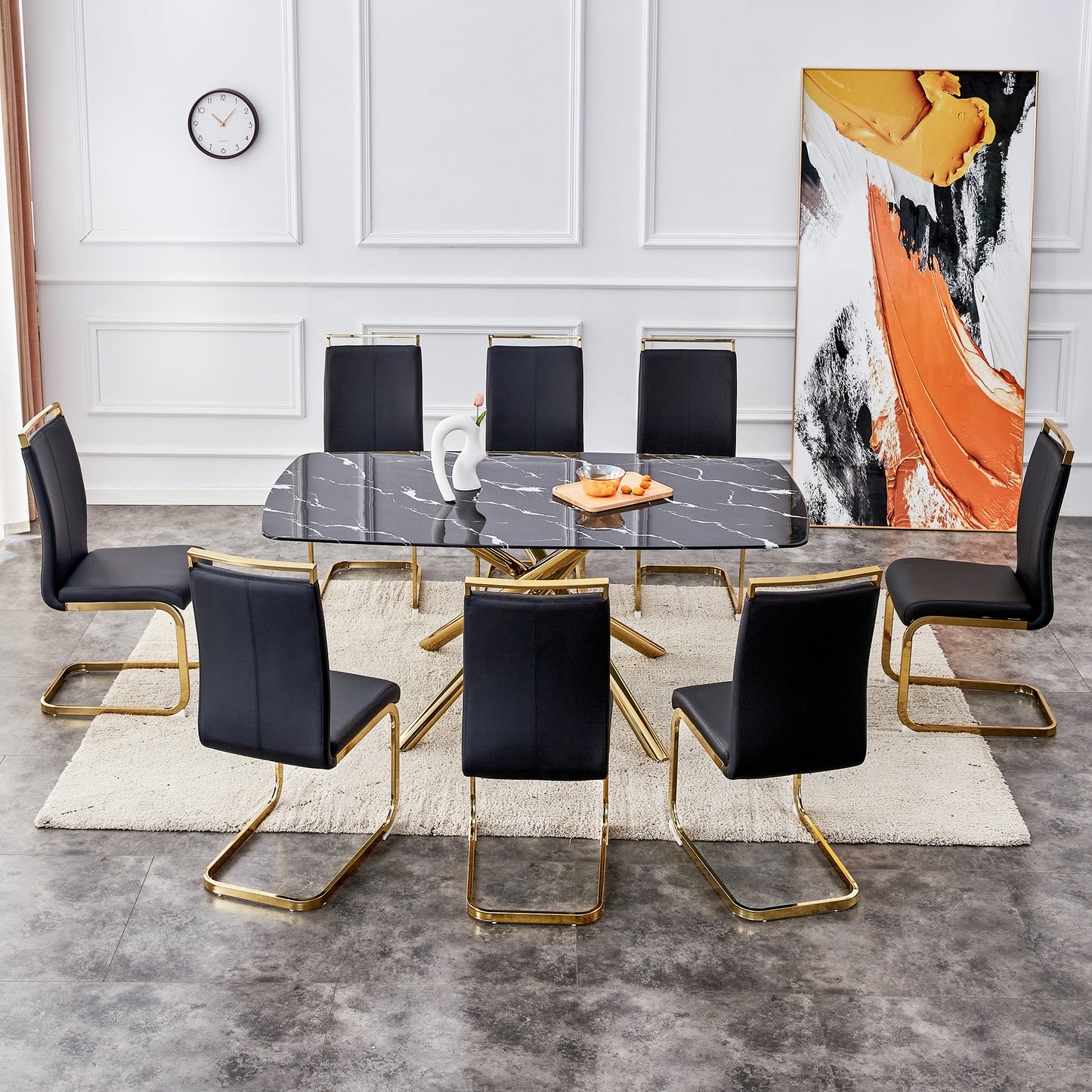Large modern minimalist rectangular dining table with 0.39 "imitation marble black tabletop and golden metal legs, for Kitchen Dining Living Meeting Room Banquet hall 1537_14