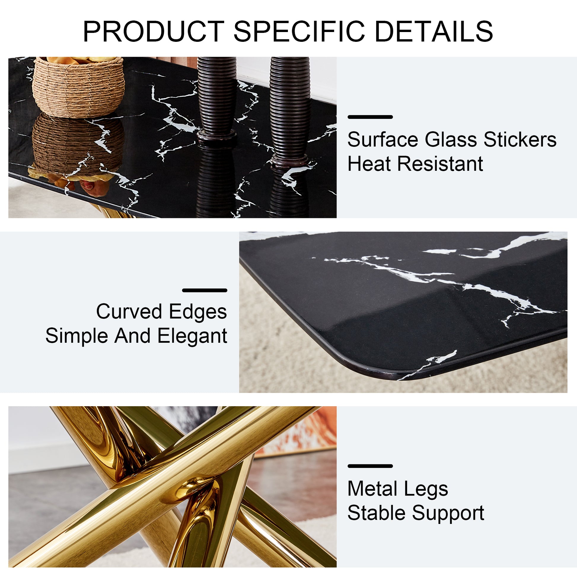 Large modern minimalist rectangular dining table with 0.39 "imitation marble black tabletop and golden metal legs, for Kitchen Dining Living Meeting Room Banquet hall 1537_4