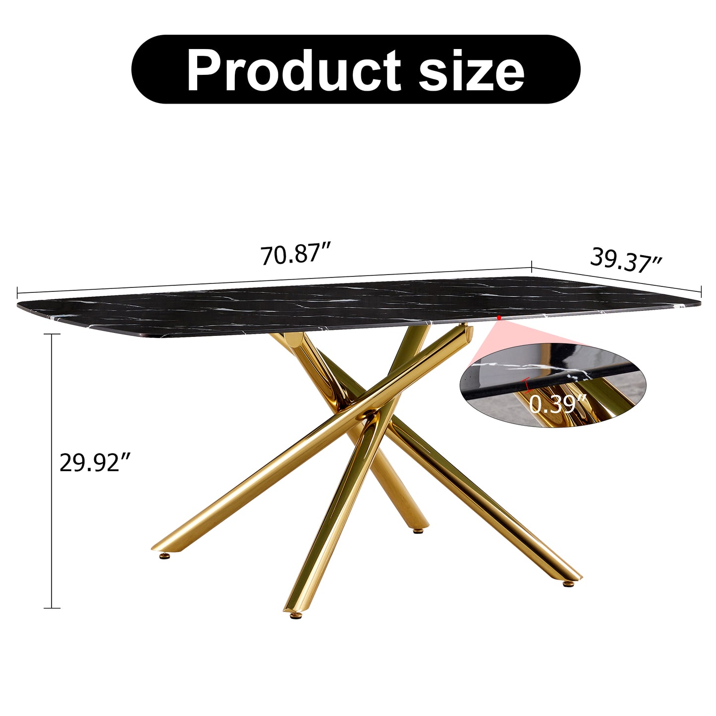 6-8 Seater Modern Kitchen Dining Table Rectangular Black Marble Table Top with Single Gold Metal Leg_25