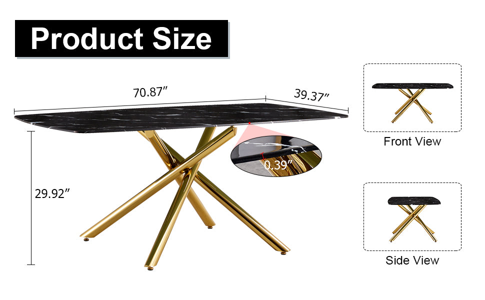 6-8 Seater Modern Kitchen Dining Table Rectangular Black Marble Table Top with Single Gold Metal Leg_23
