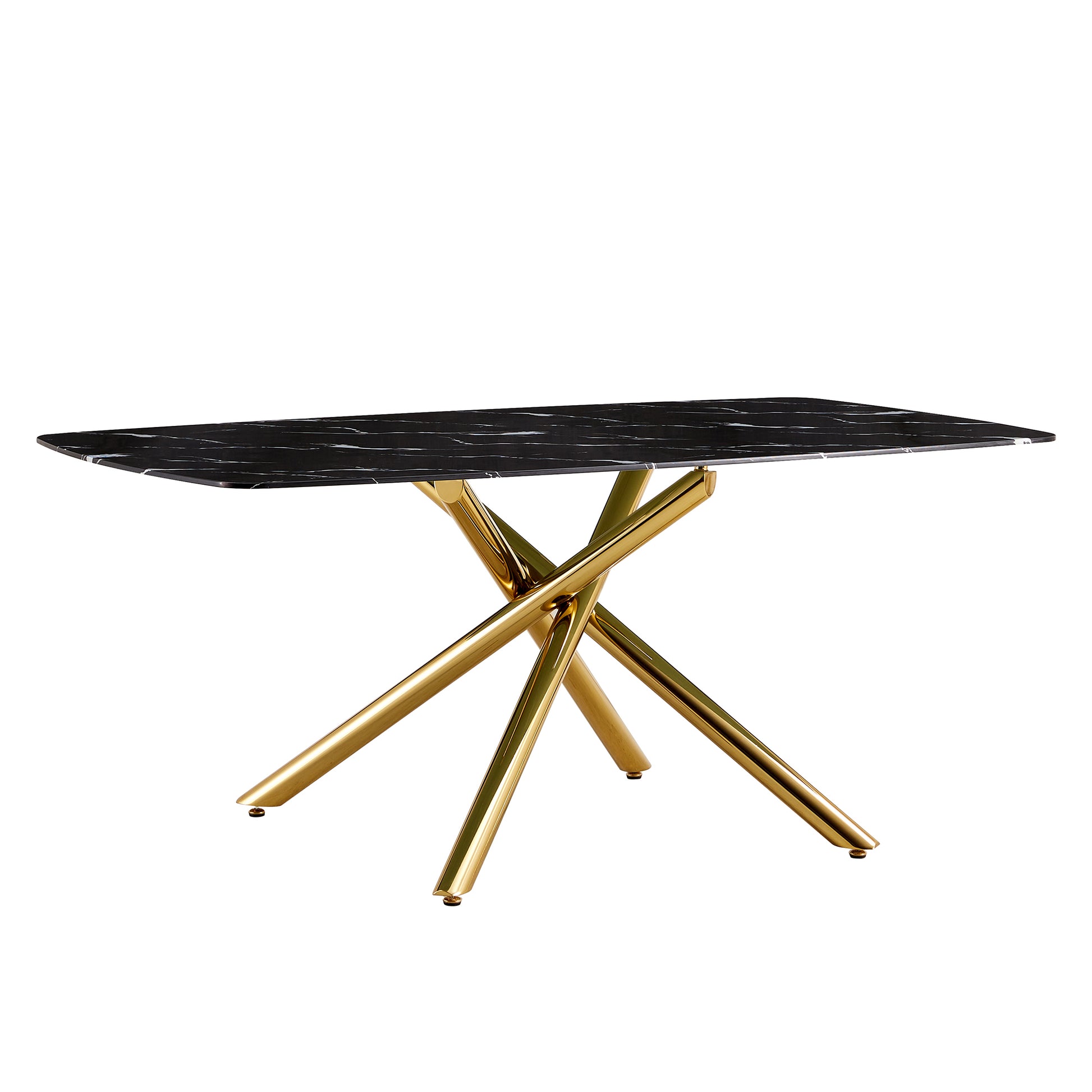 6-8 Seater Modern Kitchen Dining Table Rectangular Black Marble Table Top with Single Gold Metal Leg_16