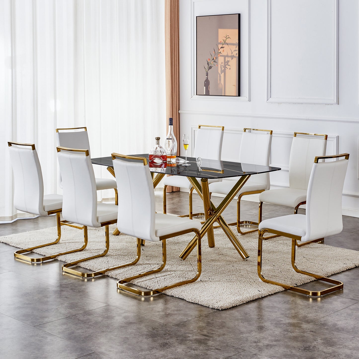 6-8 Seater Modern Kitchen Dining Table Rectangular Black Marble Table Top with Gold Metal Legs_6