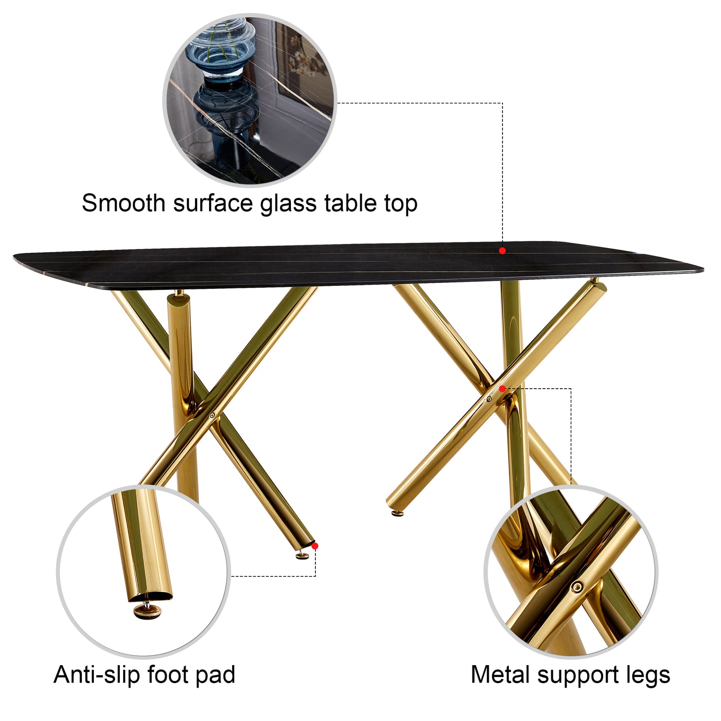 6-8 Seater Modern Kitchen Dining Table Rectangular Black Marble Table Top with Gold Metal Legs_12