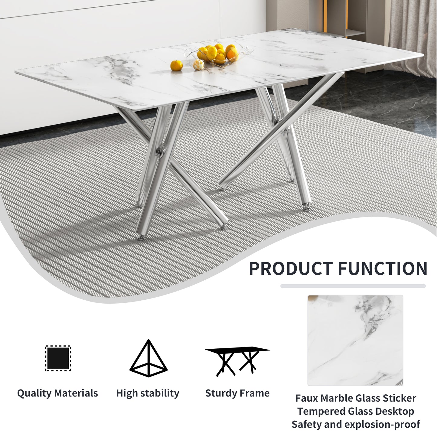 6-8 Seater Modern Kitchen Dining Table Rectangular Marble Glass Table Top with Silver Metal Legs_3
