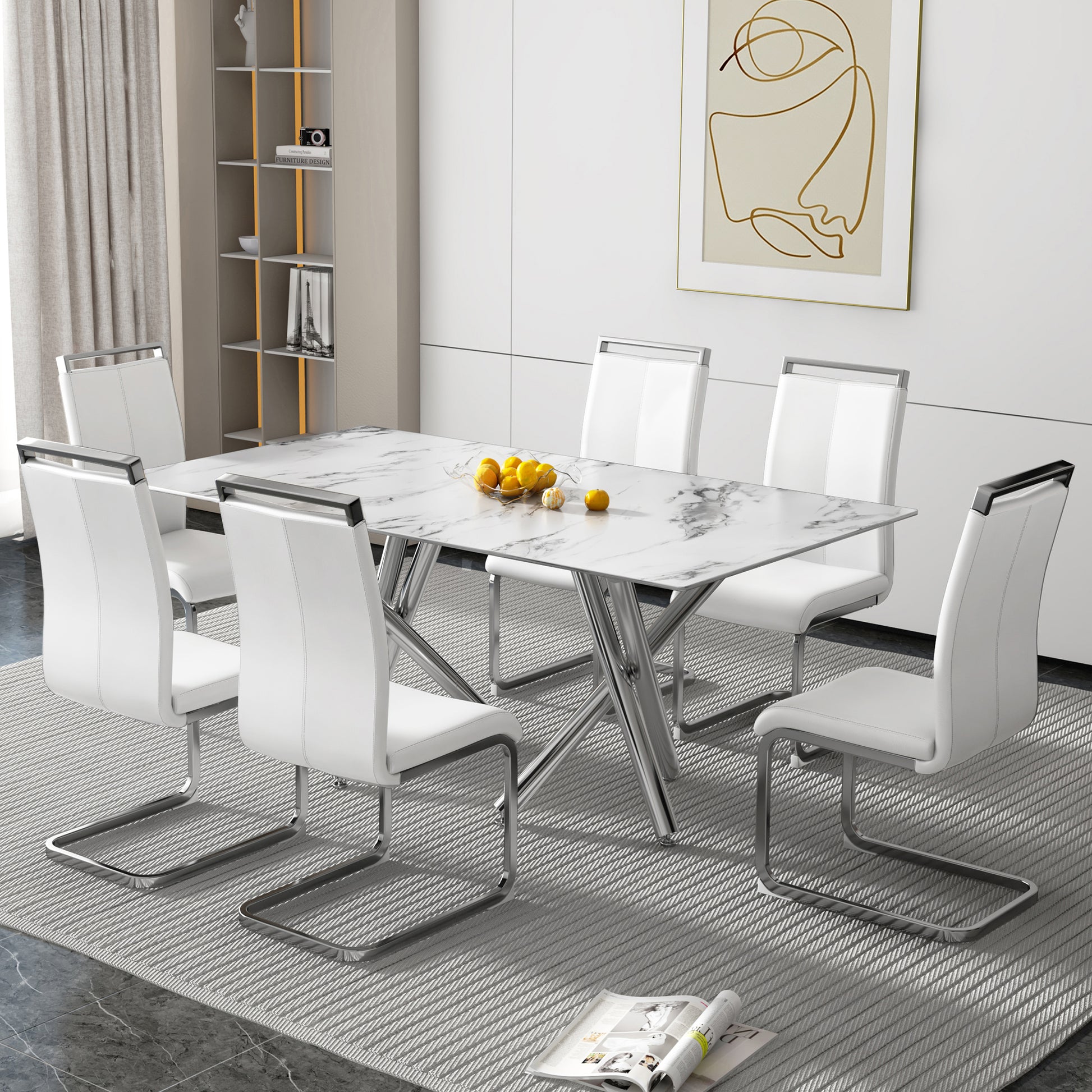 6-8 Seater Modern Kitchen Dining Table Rectangular Marble Glass Table Top with Silver Metal Legs_7